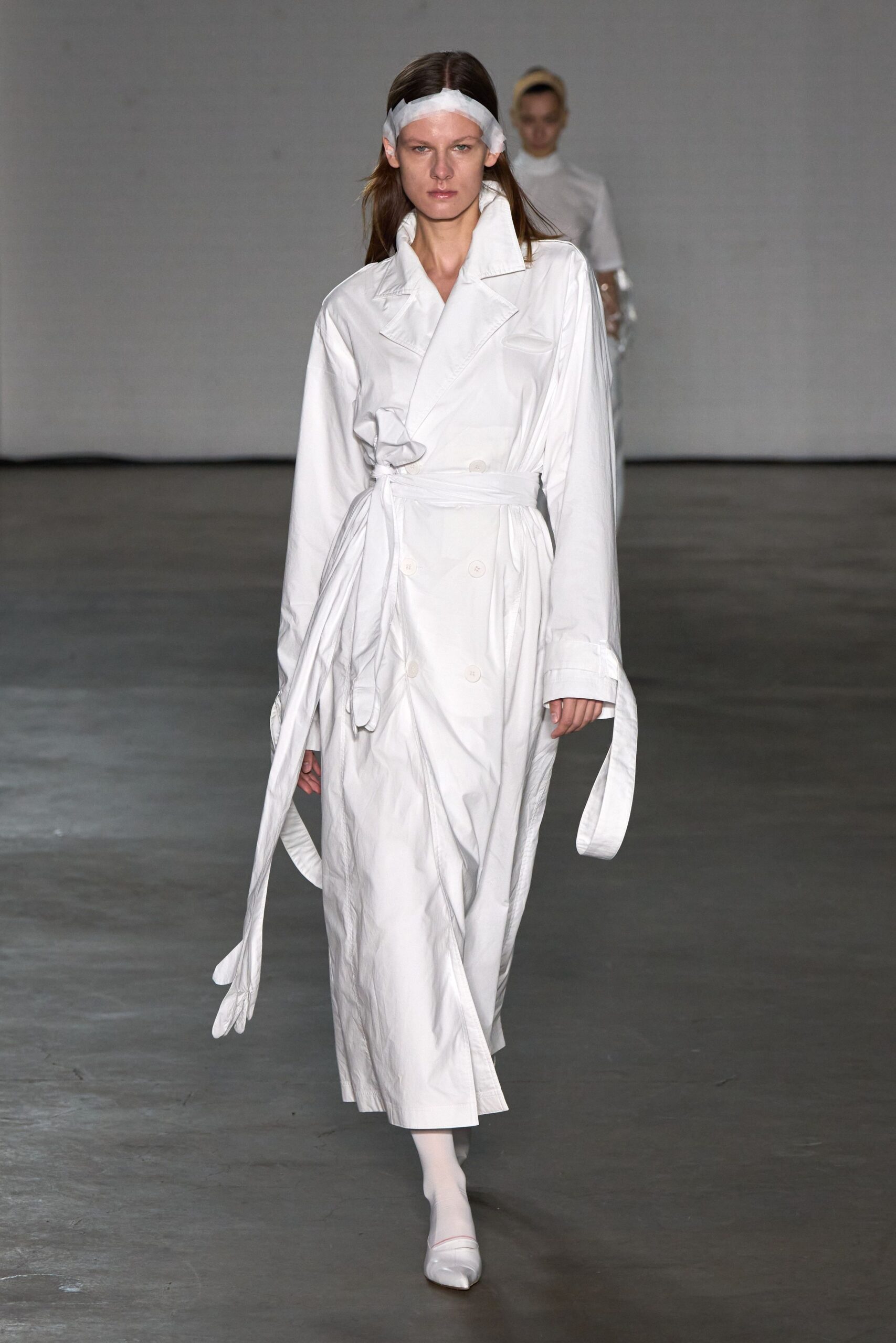 white cotton long-sleeve collared relaxed belted midi trench