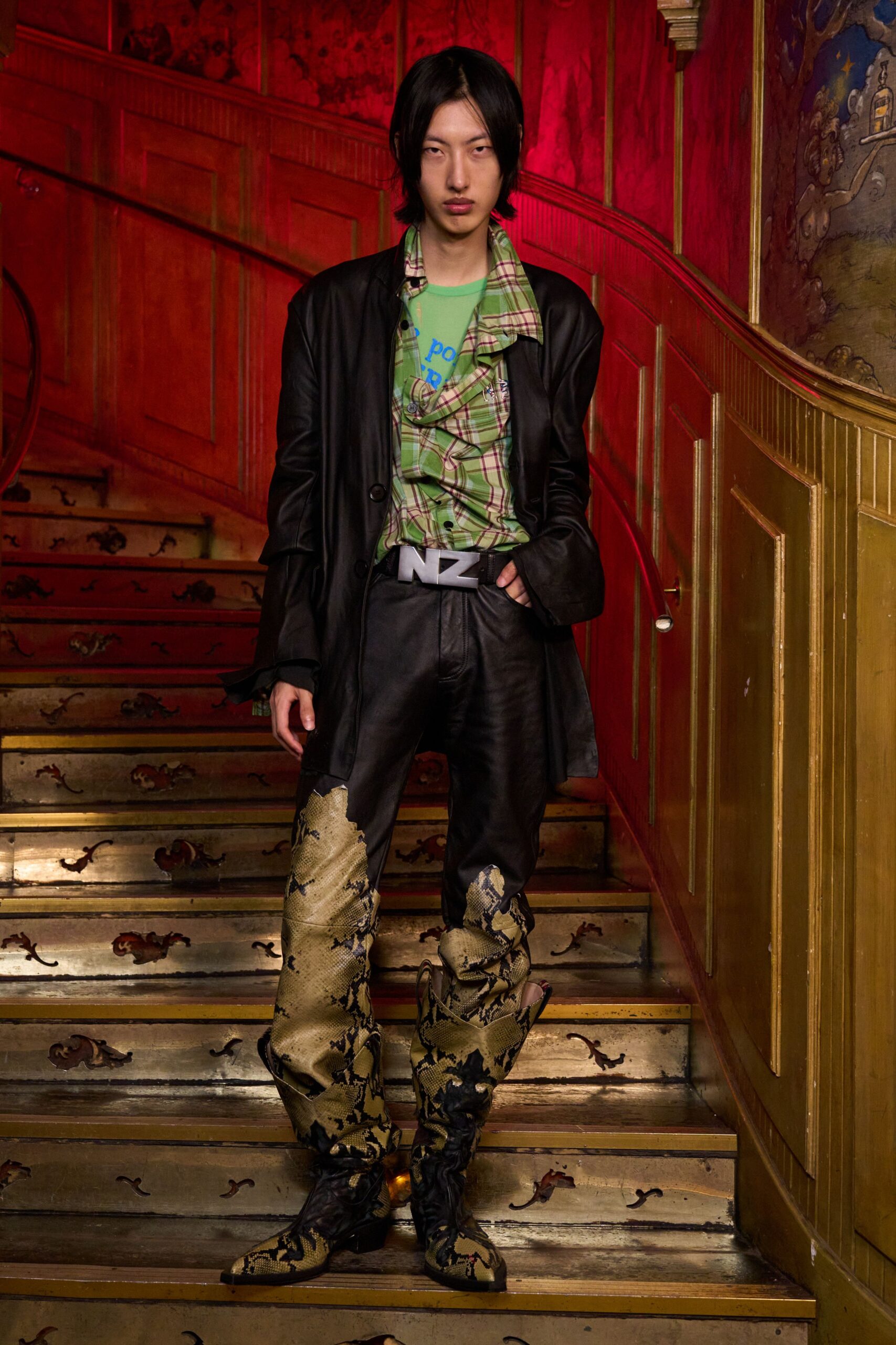 black leather blazer with green shirt