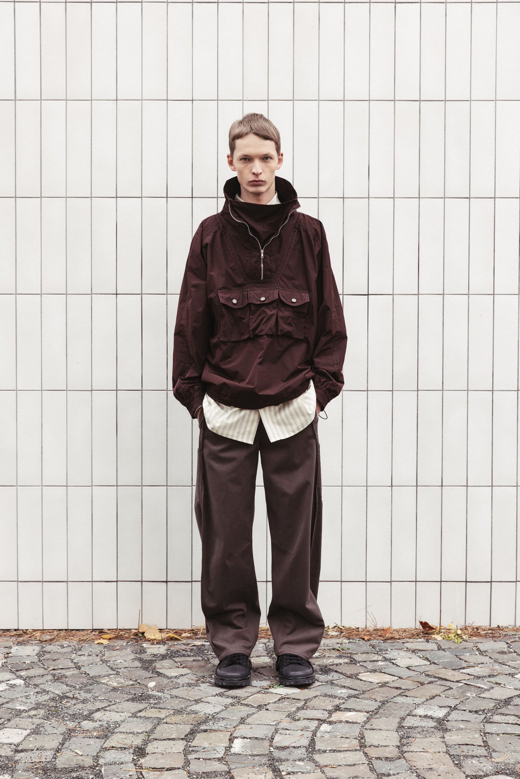 brown relaxed jacket with black shoes