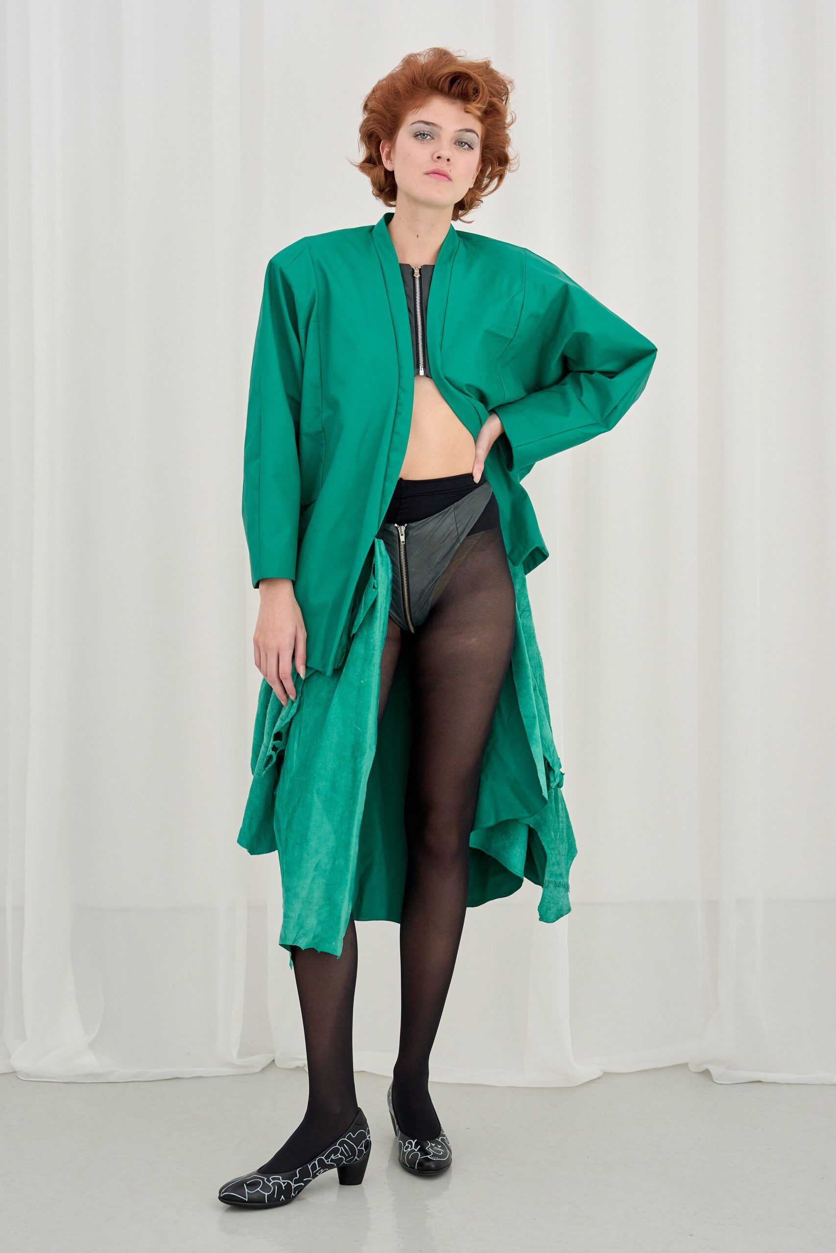 green cotton long-sleeve collared relaxed layered midi coat