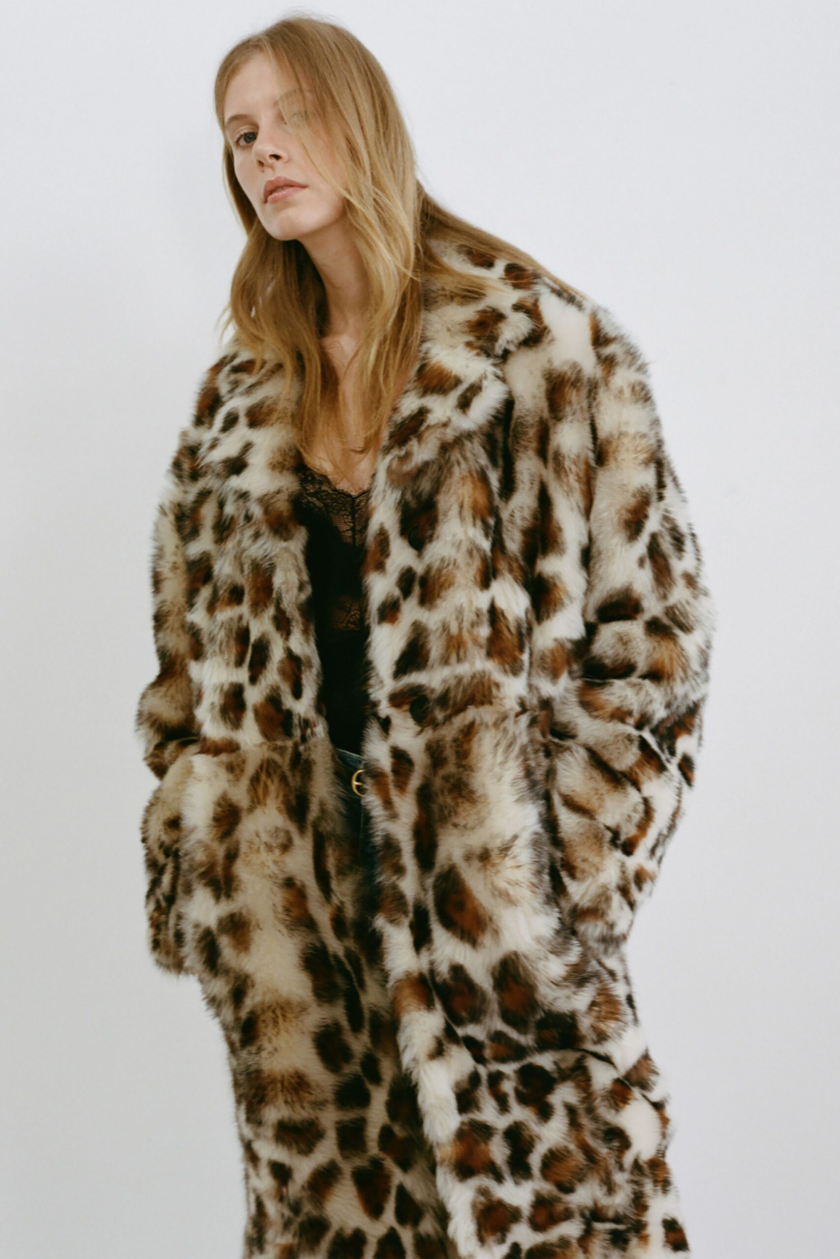 brown faux-fur oversized animal-print coat