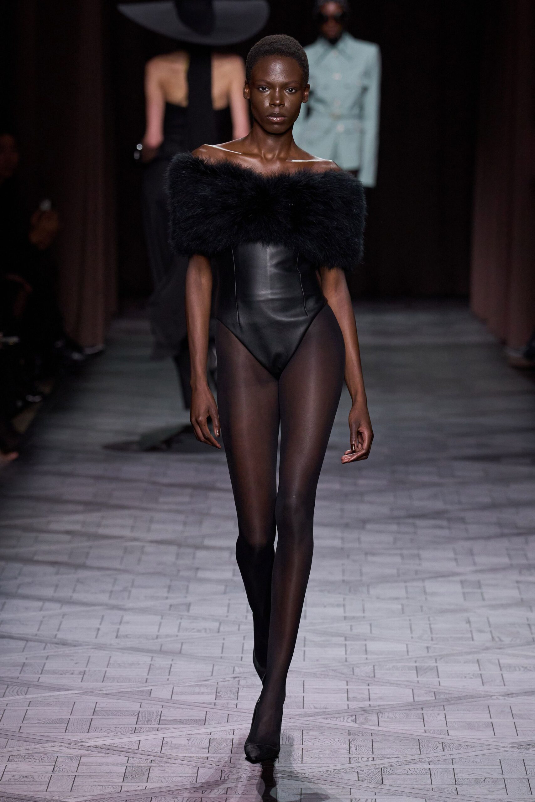black leather strapless fitted ruched bodysuit
