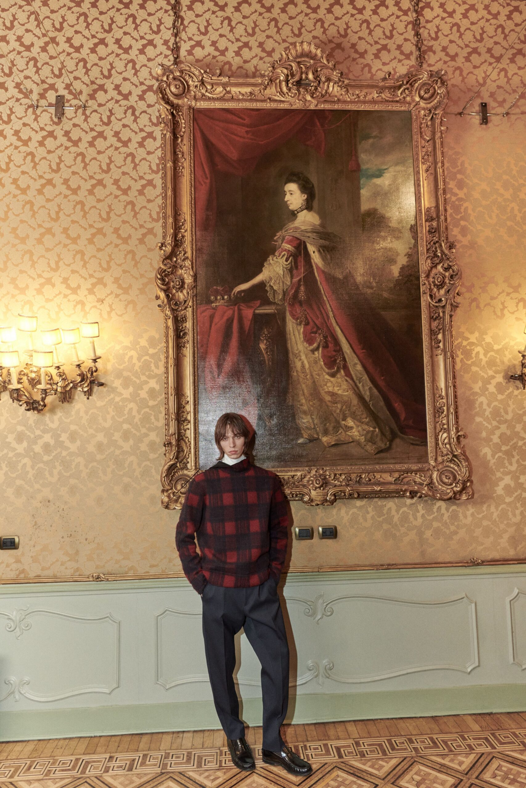red wool long-sleeve collared relaxed checked sweater
