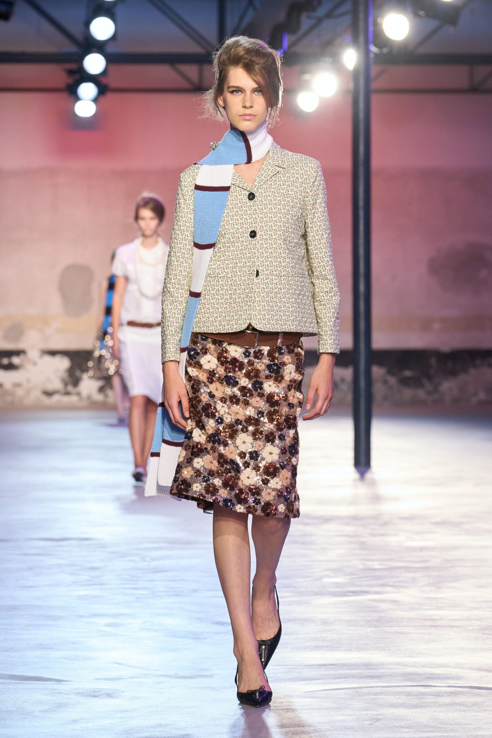 multi-colored blazer and pencil skirt