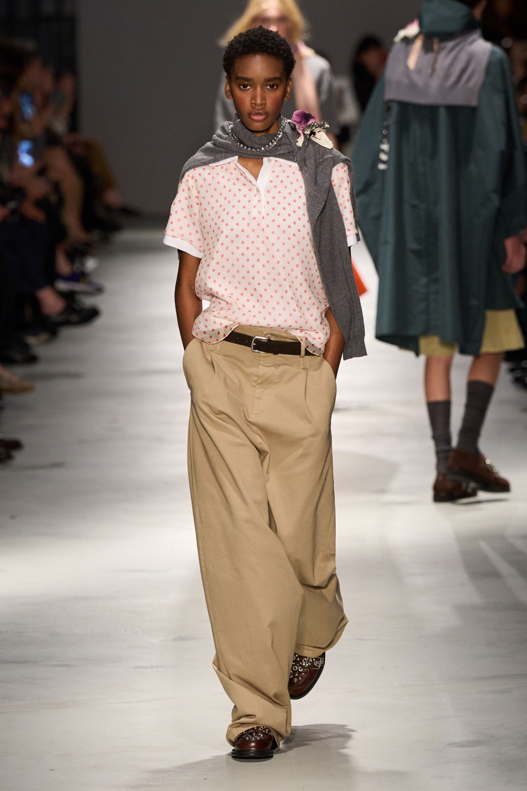 relaxed polka-dot shirt and wide-leg pants