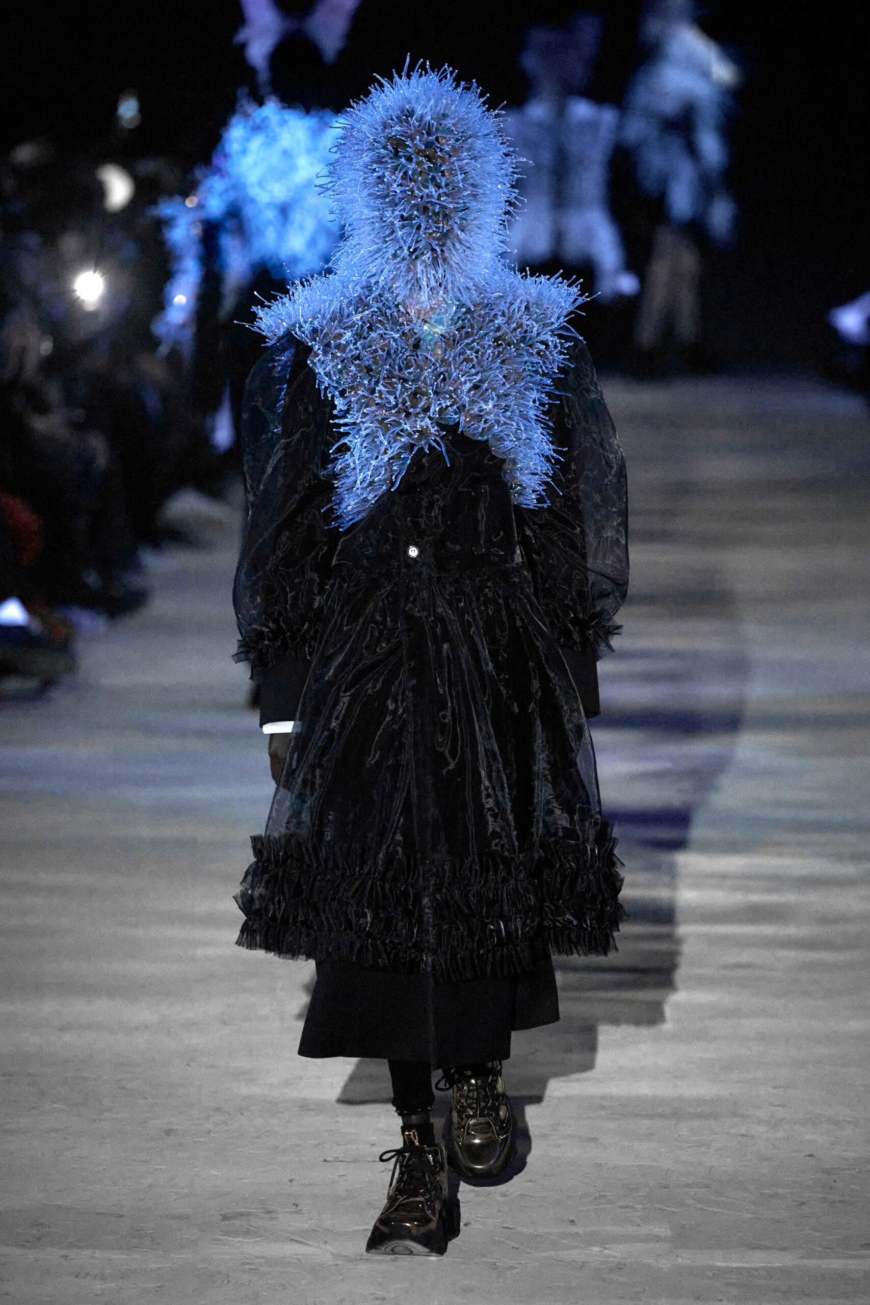 black velvet long-sleeve high-neck relaxed ruffled layered dress