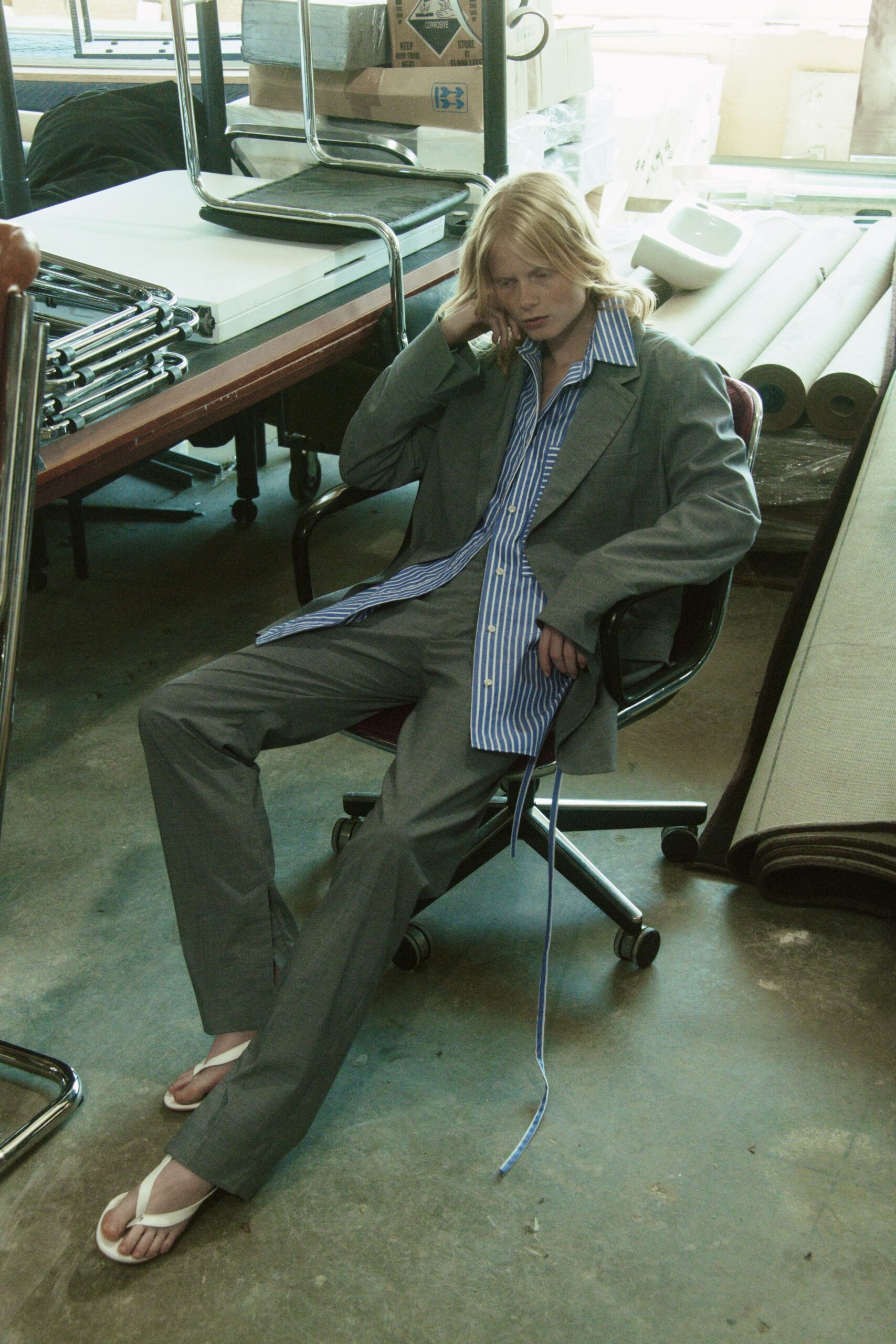 gray cotton slim straight-leg pants