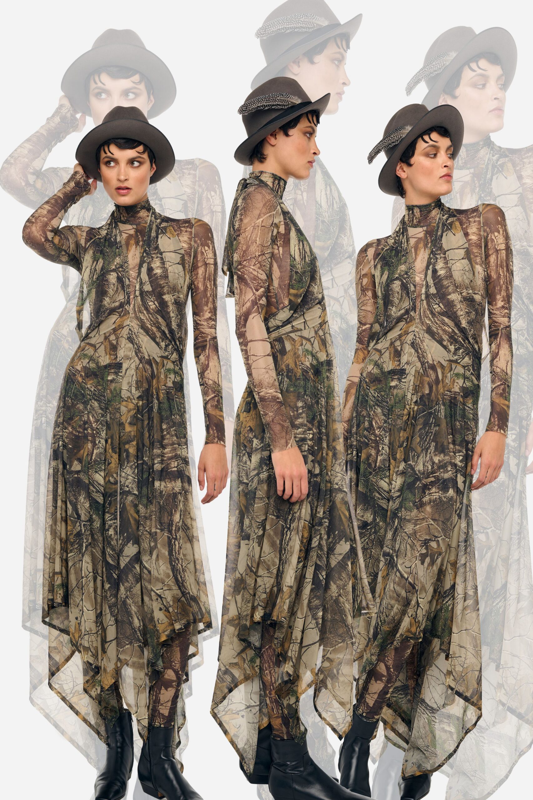 multi chiffon long-sleeve high-neck fitted layered flared dress