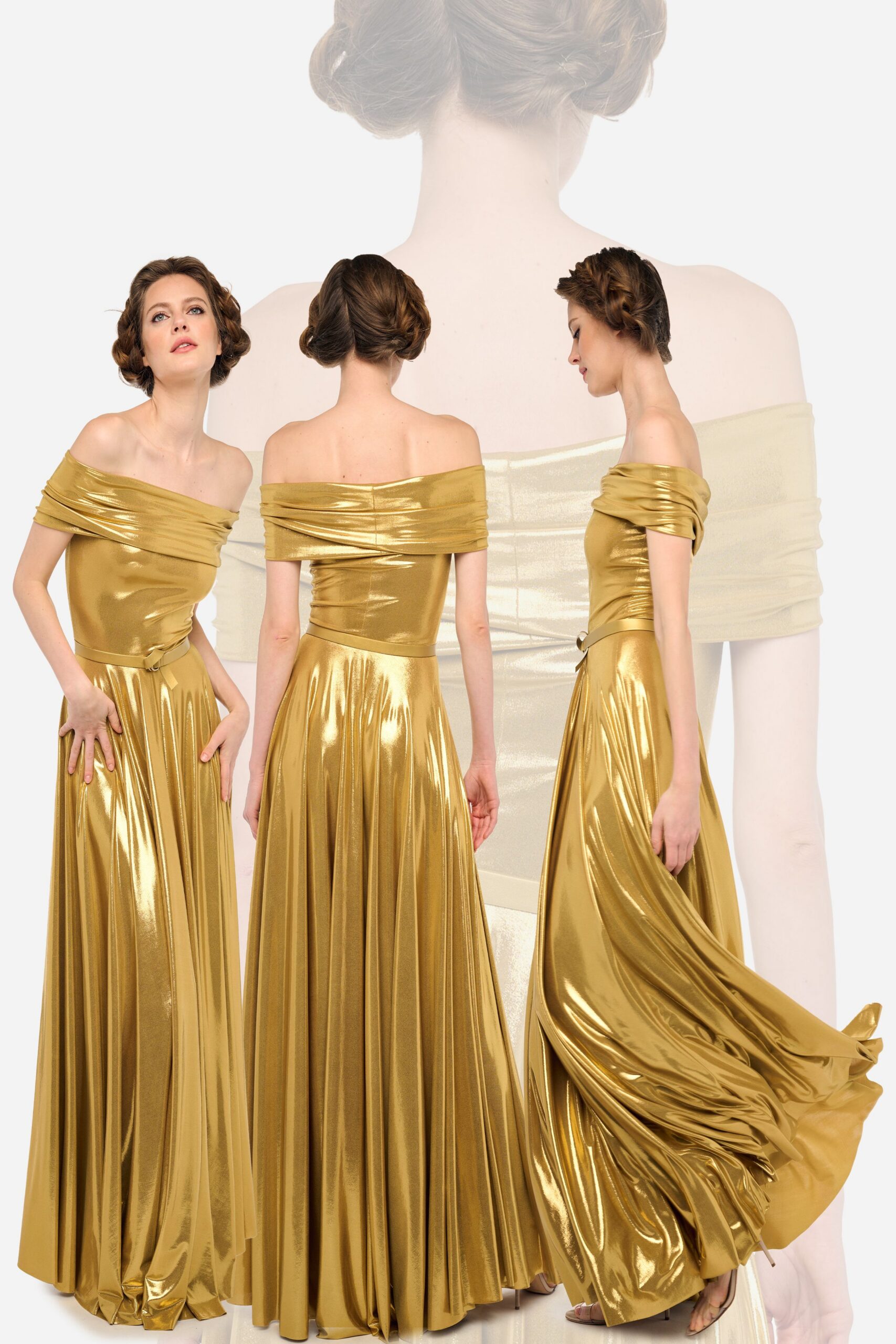 gold satin off-shoulder gown
