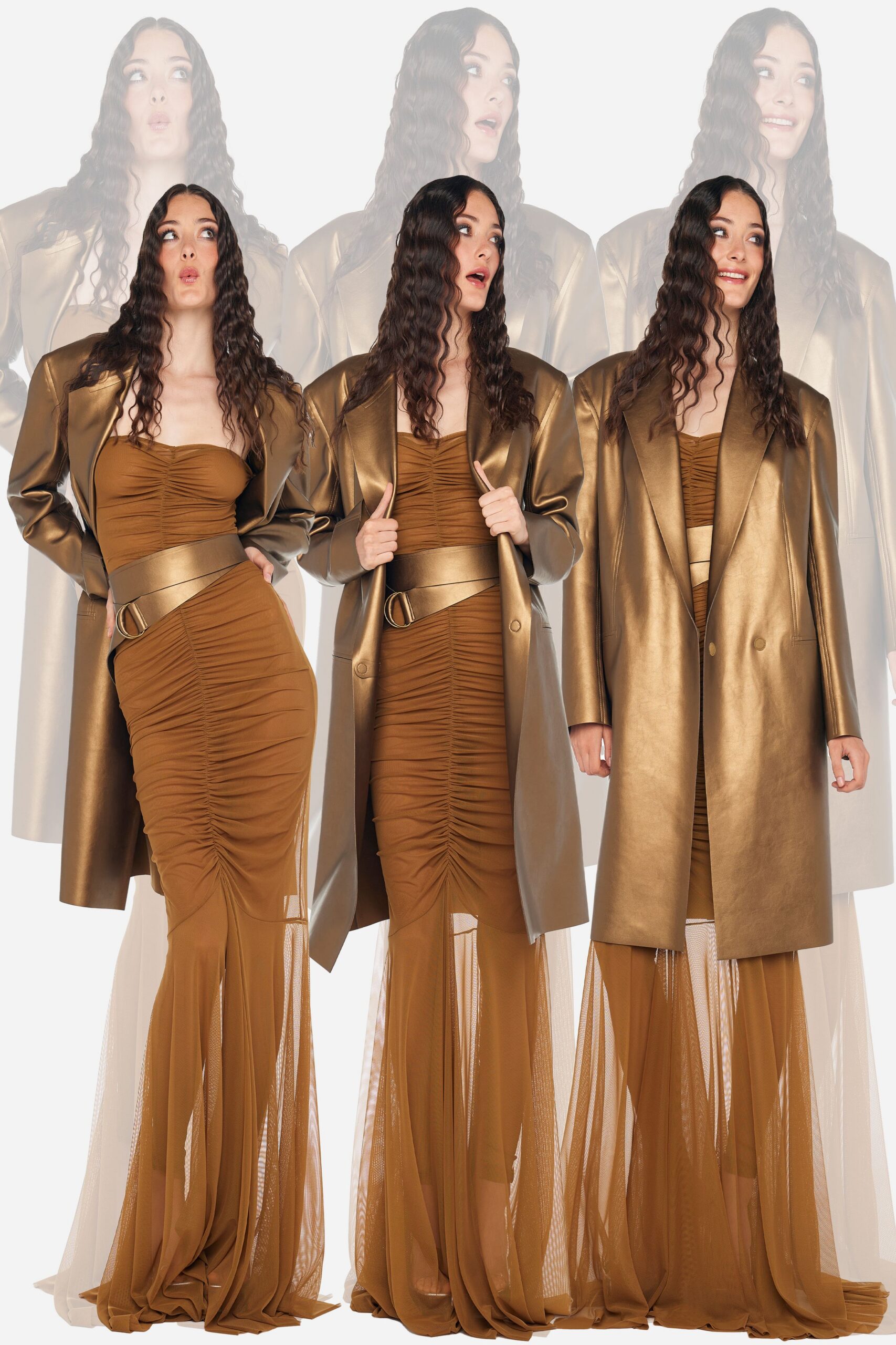 gold satin long-sleeve collared structured buttoned shiny coat