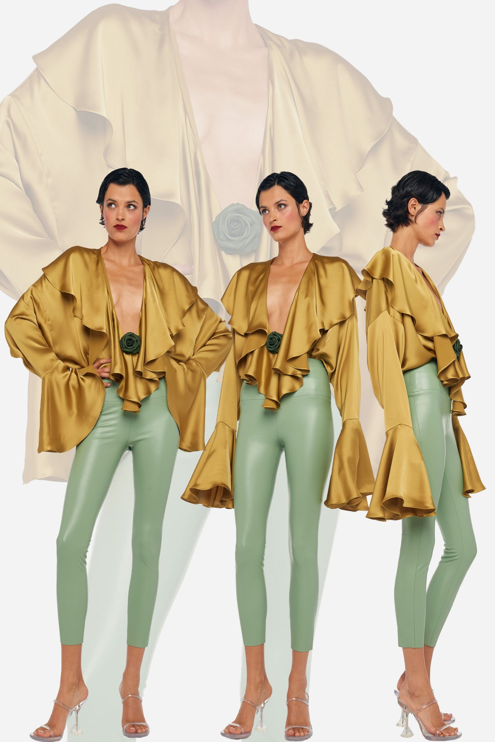 gold silk long-sleeve v-neck relaxed ruffled blouse