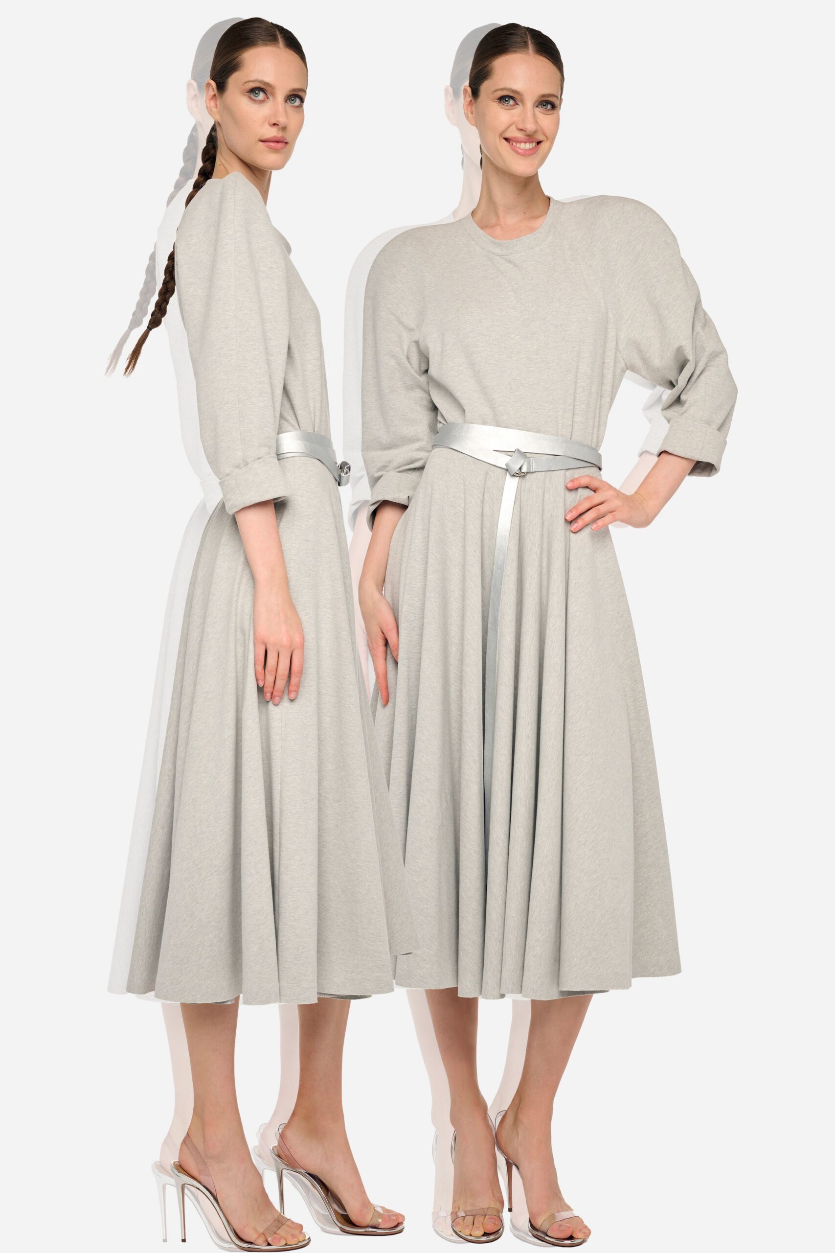 gray relaxed midi dress with clear shoes