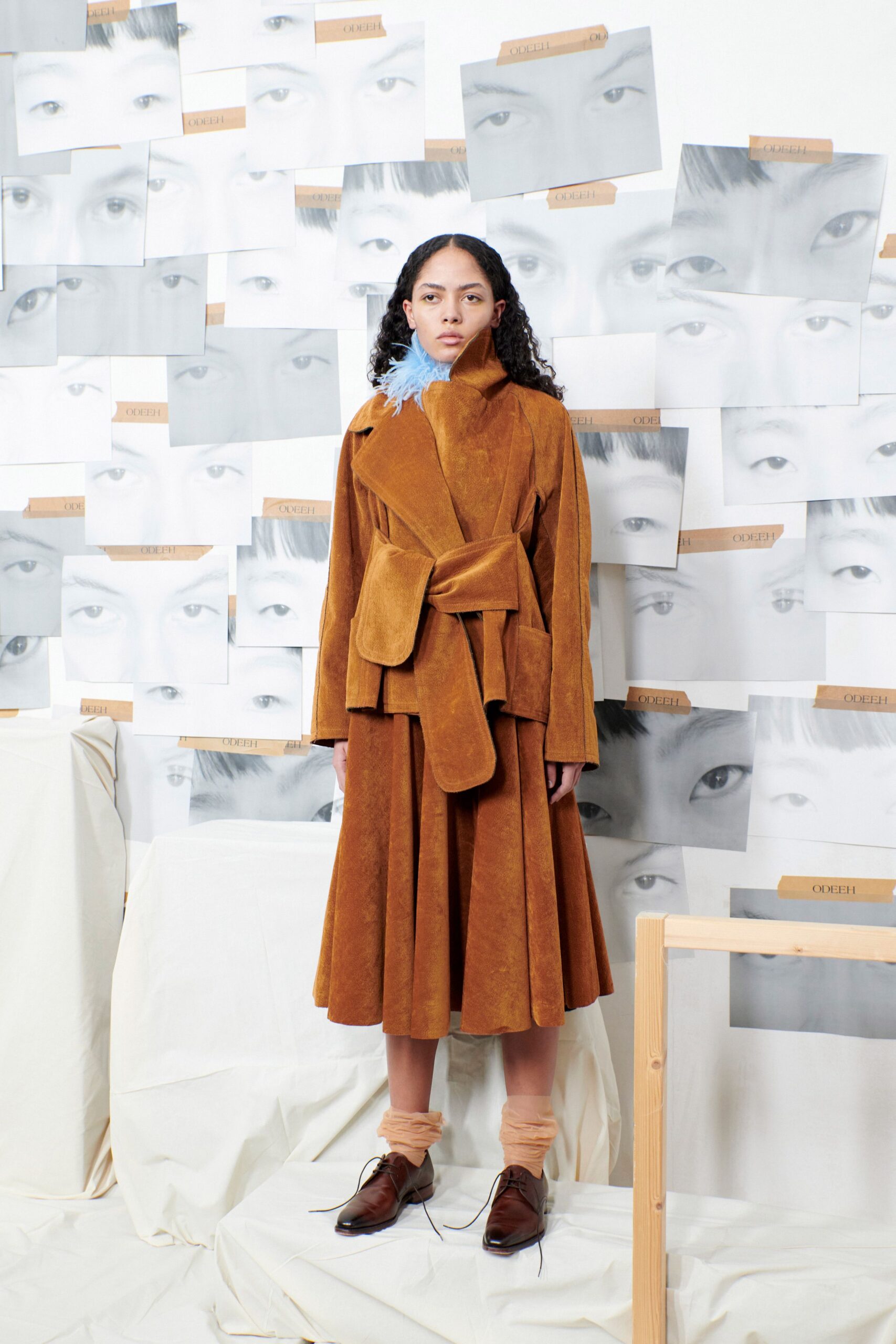 brown suede long-sleeve collared fitted belted jacket
