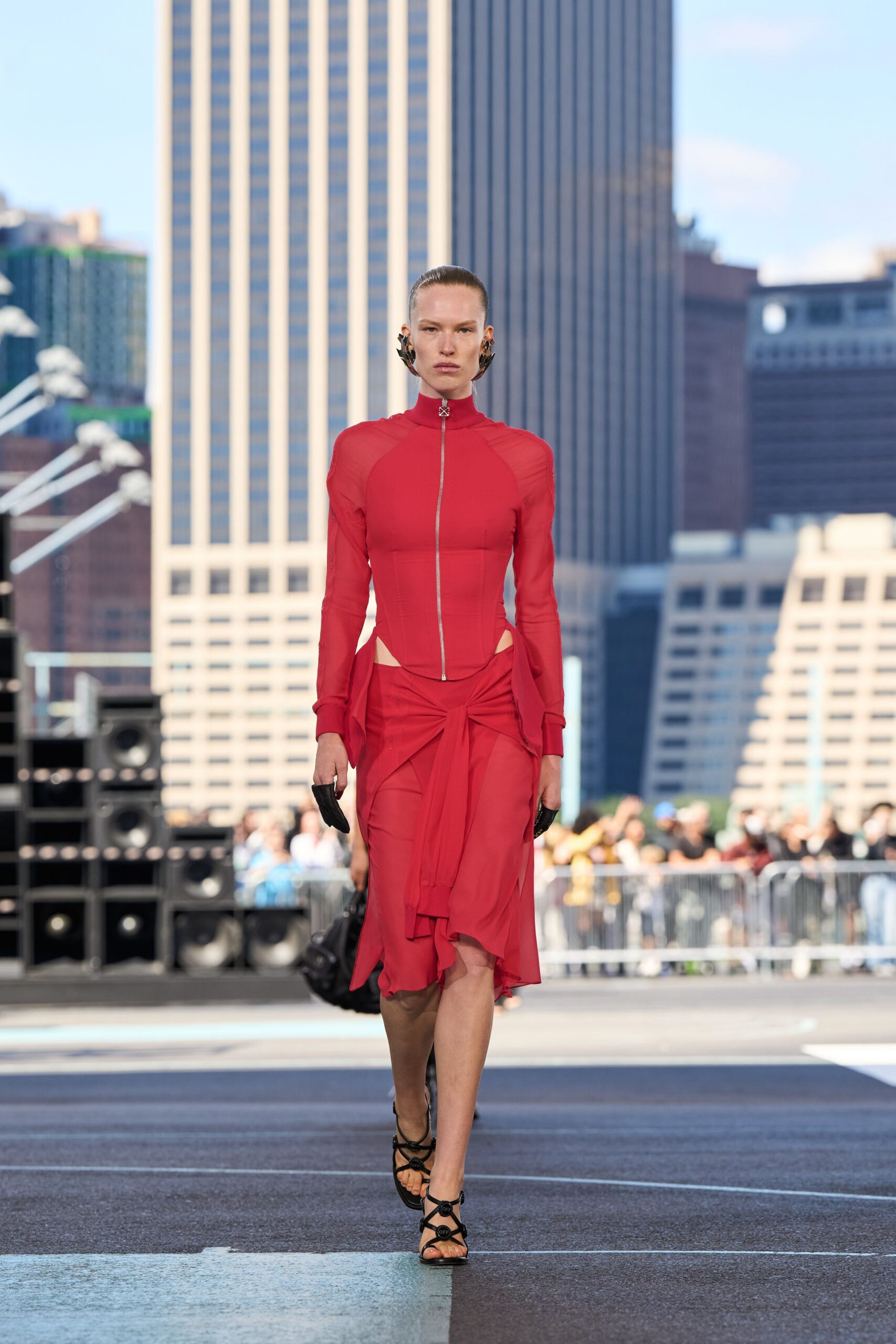 red cotton long-sleeve high-neck fitted zippered draped dress