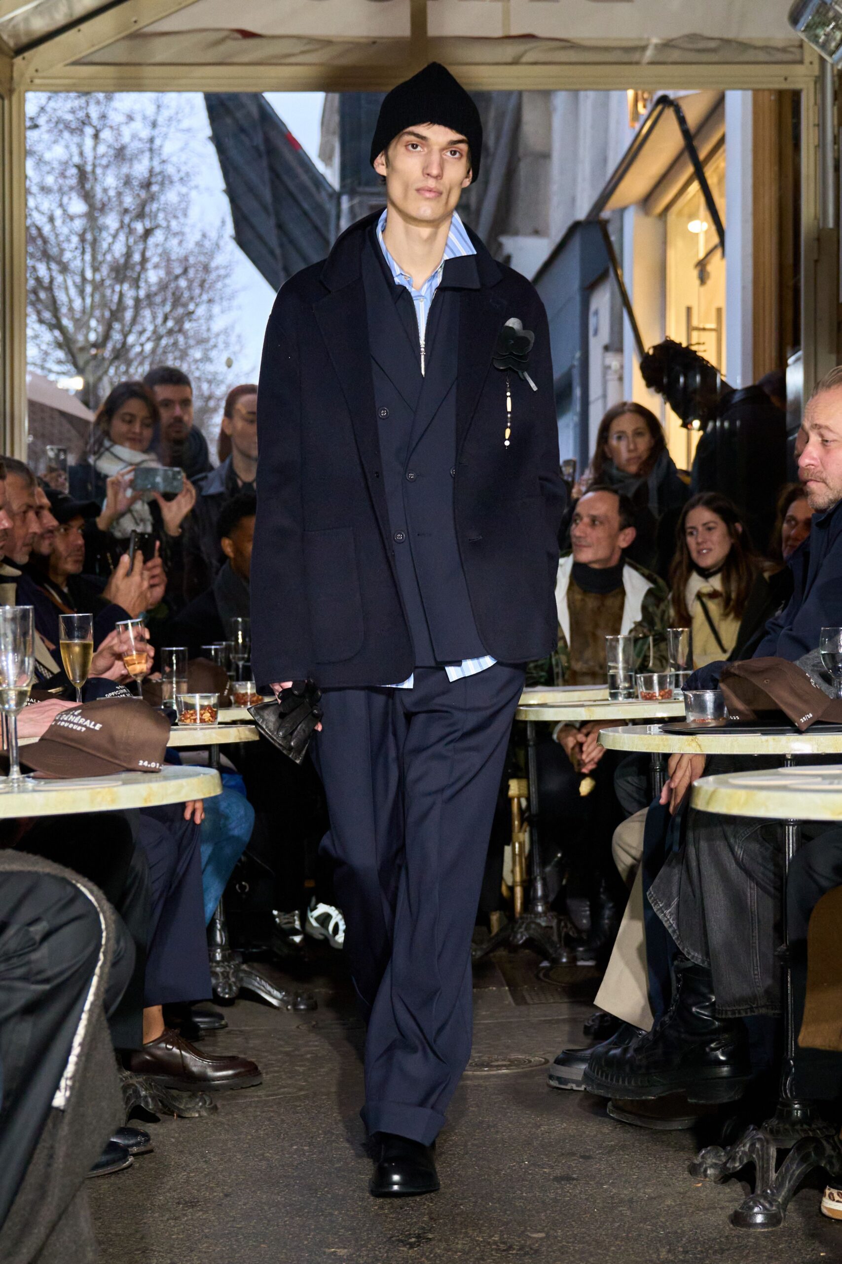 black blazer blue shirt tailored pants