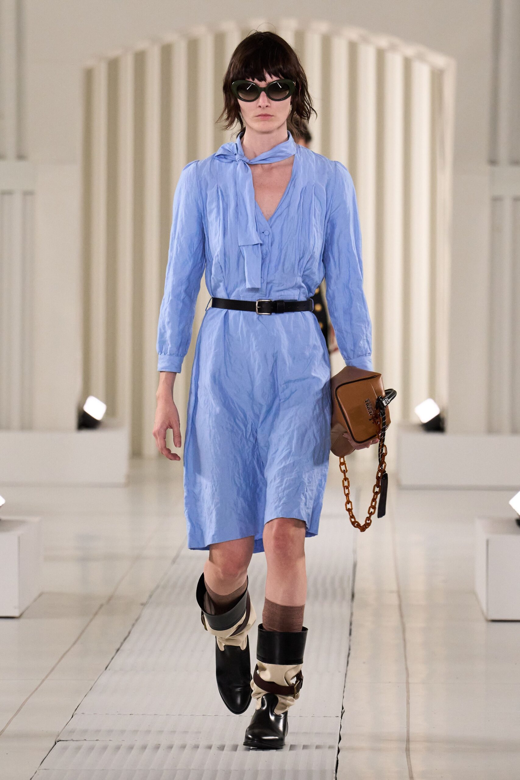 blue cotton long-sleeve v-neck fitted pleated midi dress
