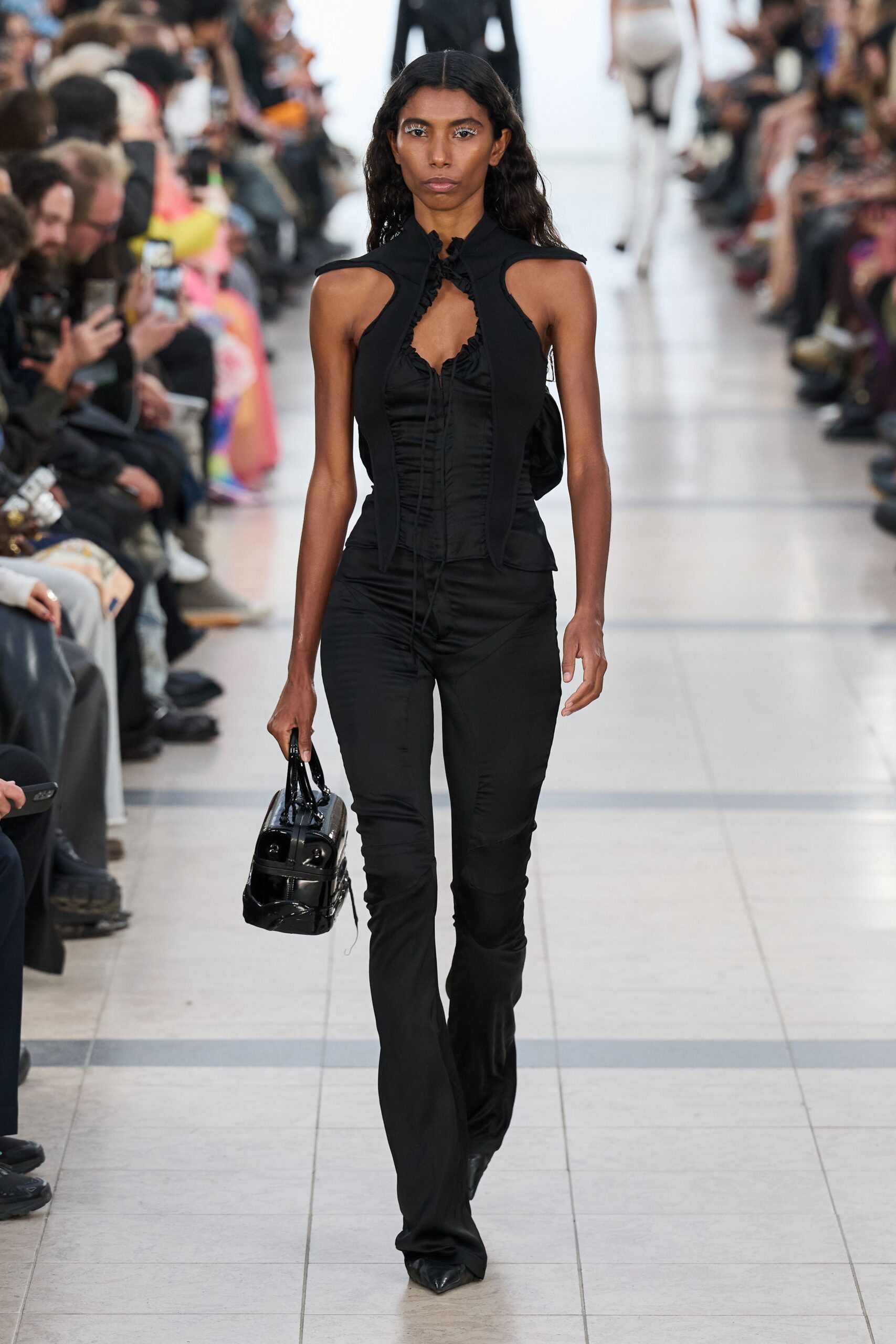 black fitted jumpsuit with bag