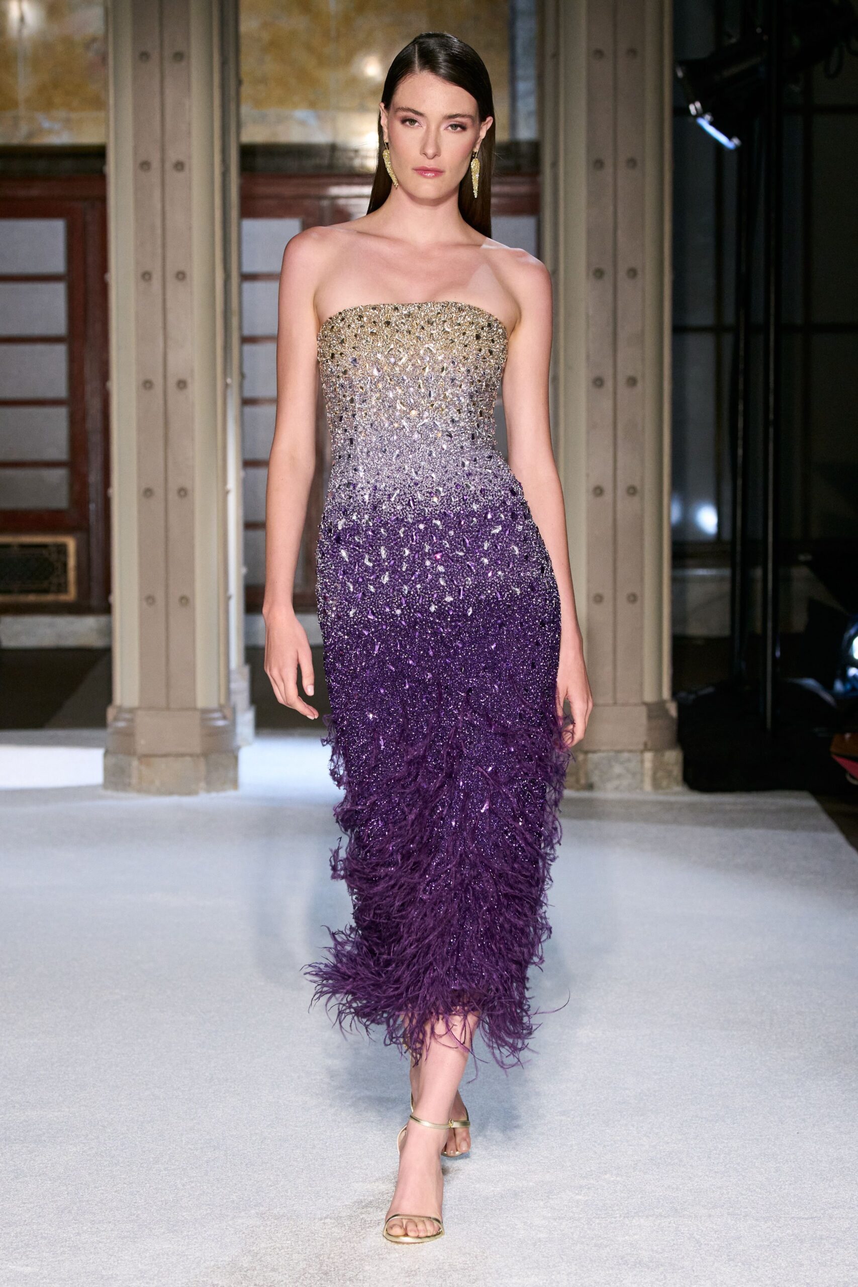purple silk strapless fitted ruffled ombre shiny gown