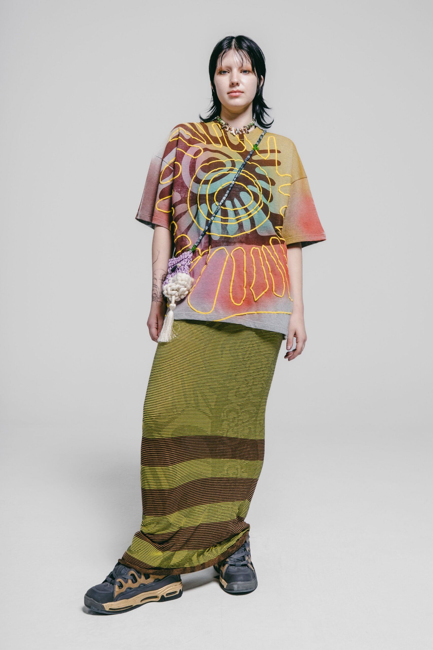 green cotton fitted tiered maxi skirt