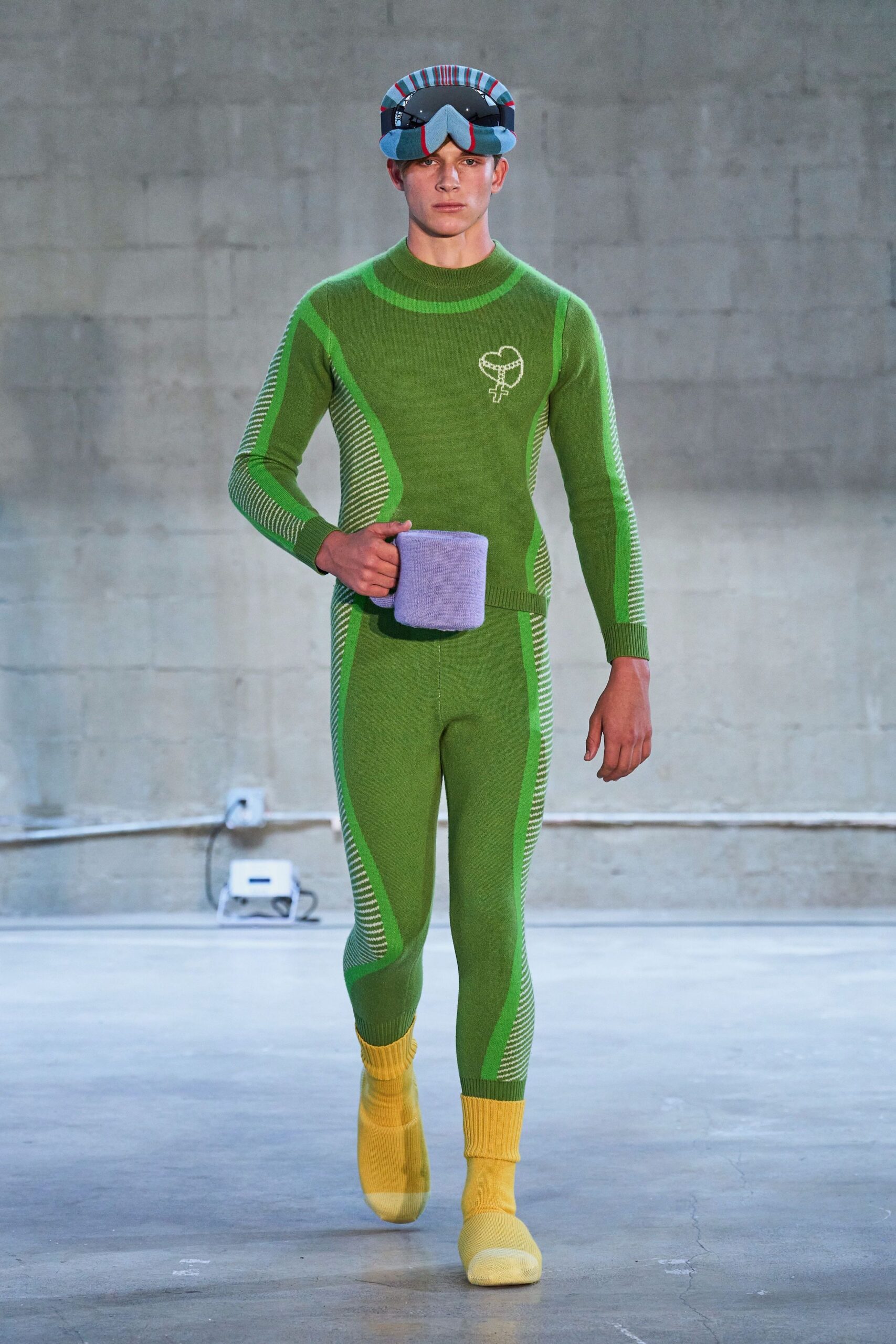 green knit long-sleeve high-neck fitted ribbed catsuit