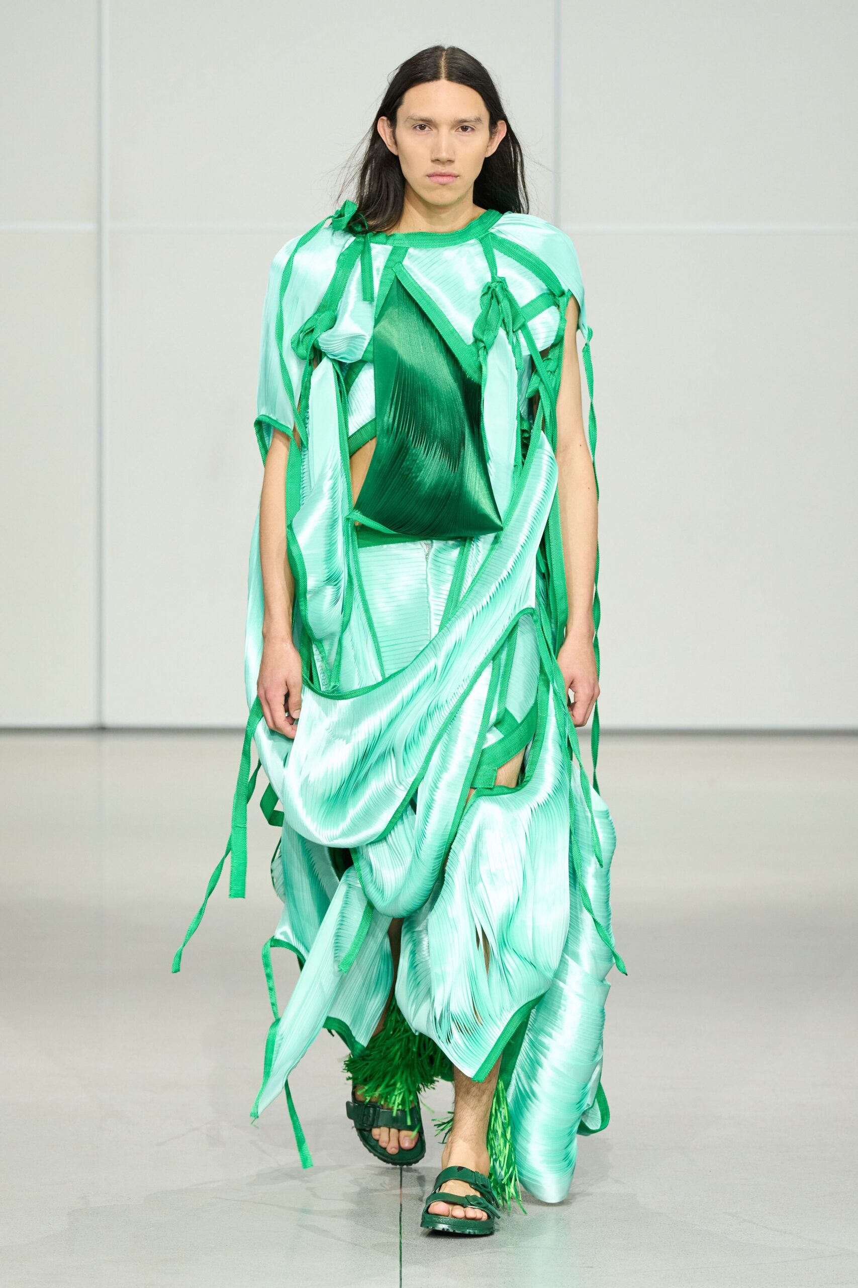 green silk sleeveless high-neck relaxed draped layered dress