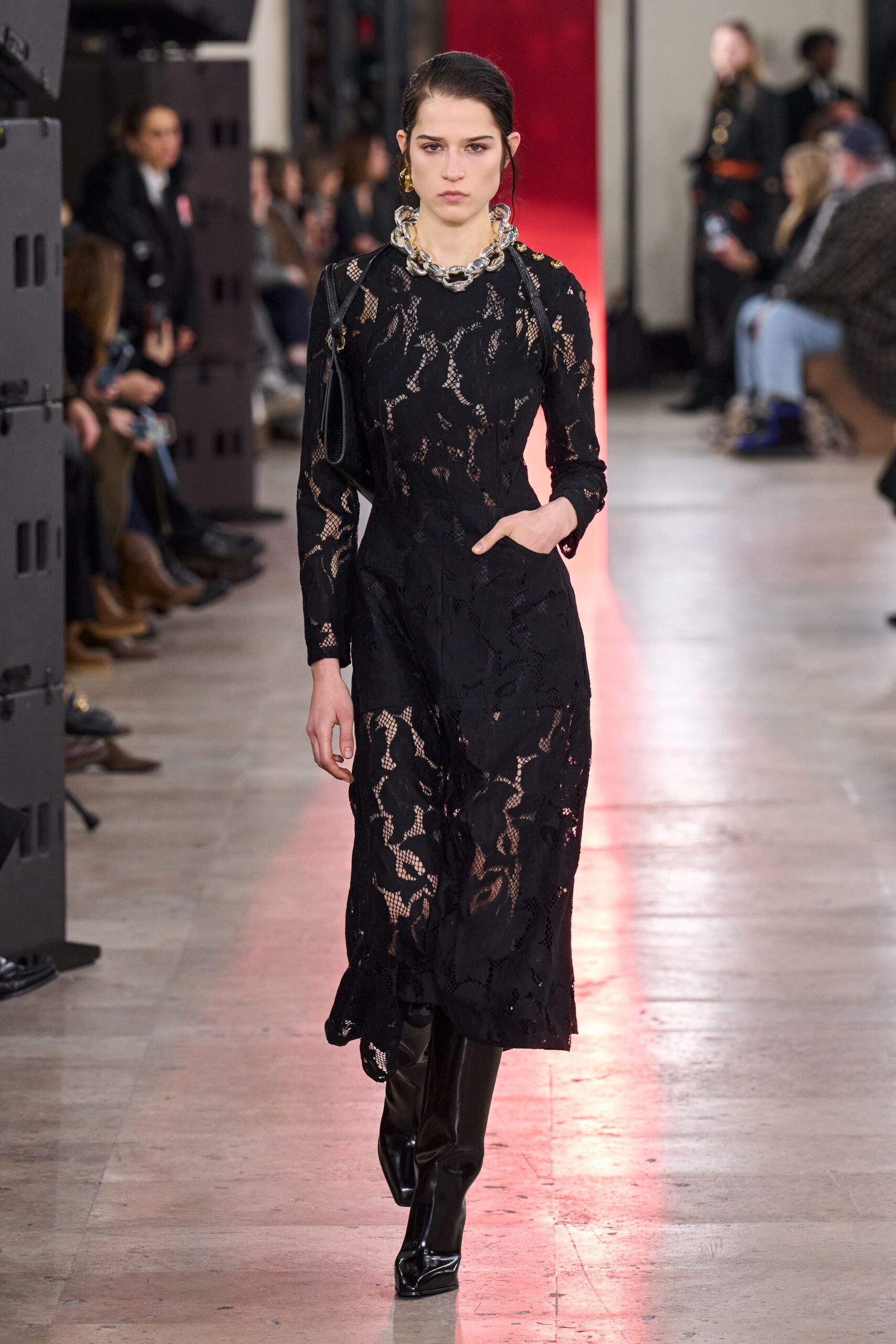 black lace long-sleeve v-neck fitted embroidered sheer dress