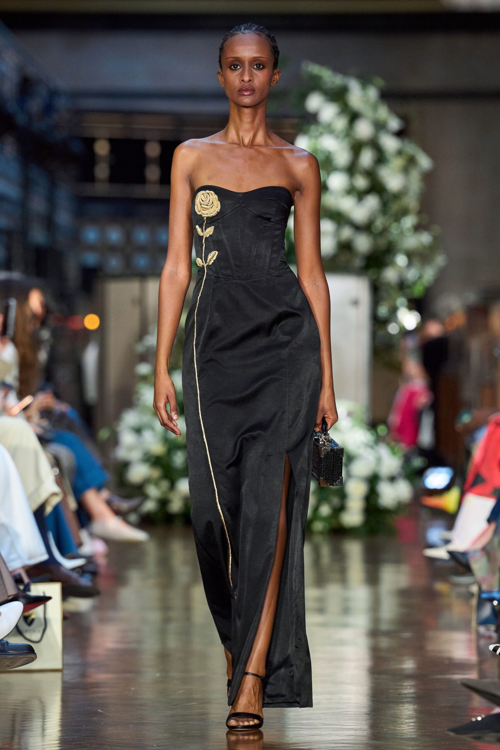 black silk strapless slit fitted embroidered maxi gown
