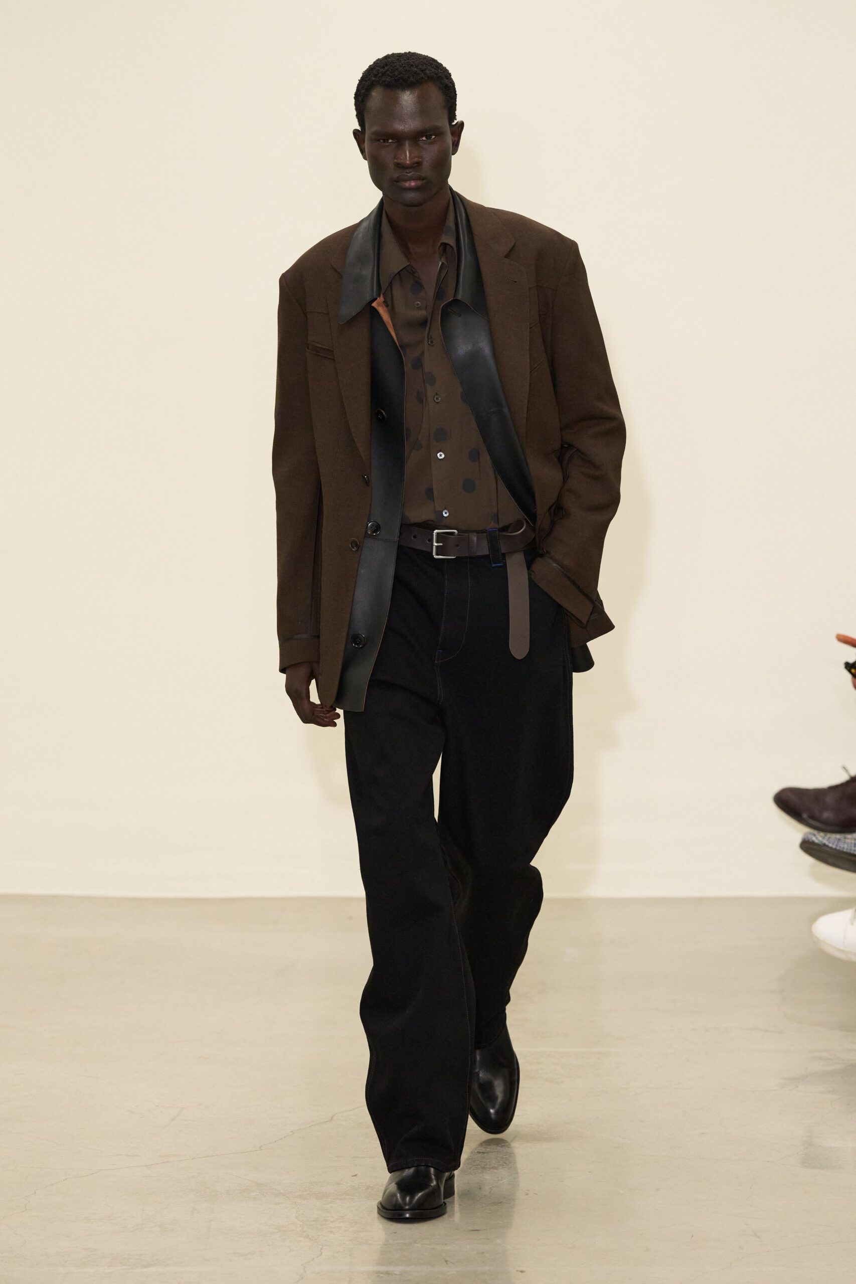 brown tailored blazer with relaxed shirt