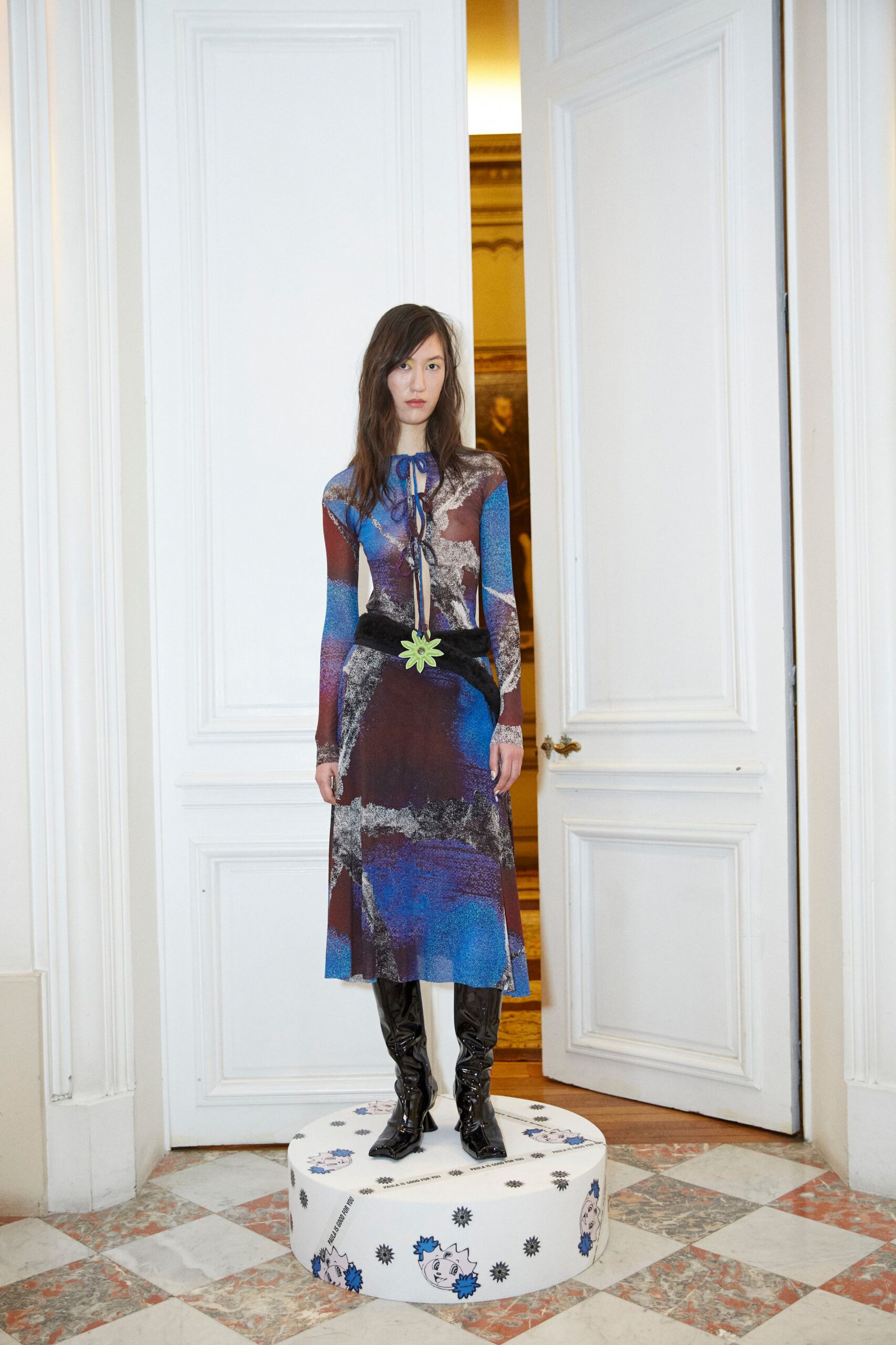 blue silk long-sleeve v-neck fitted printed tiered dress