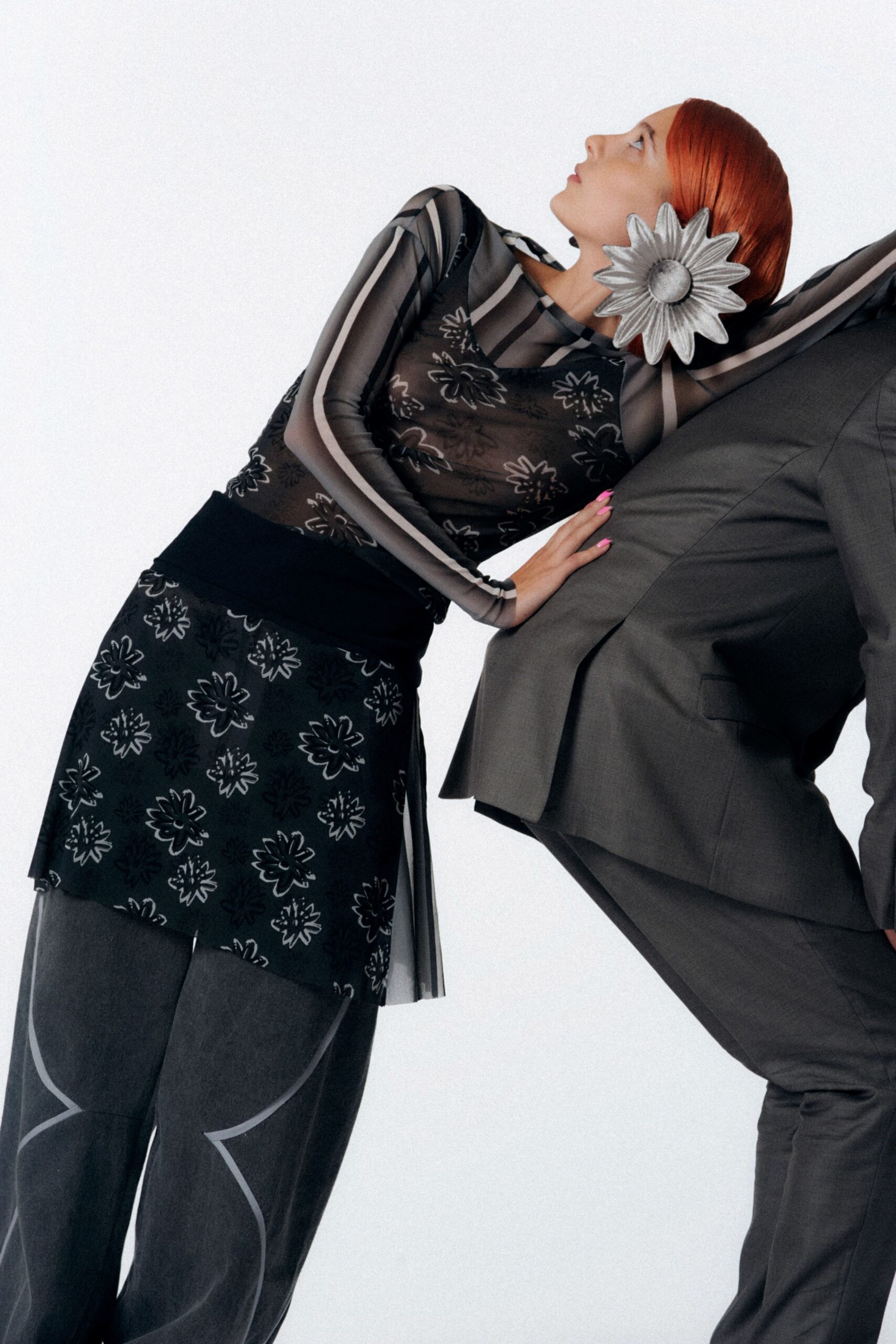 black mesh long-sleeve high-neck fitted floral top