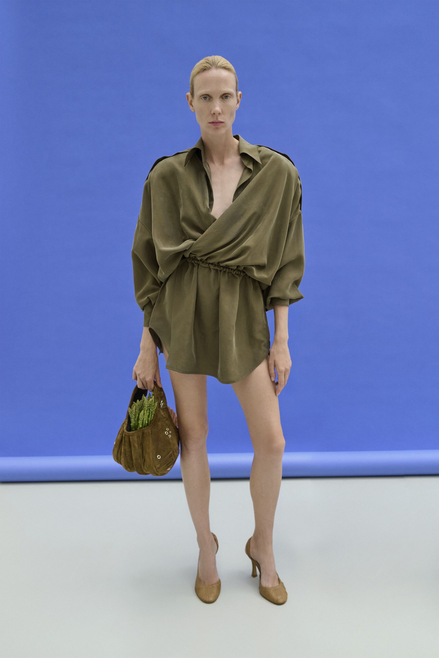 green silk long-sleeve collared relaxed draped mini shirt-dress