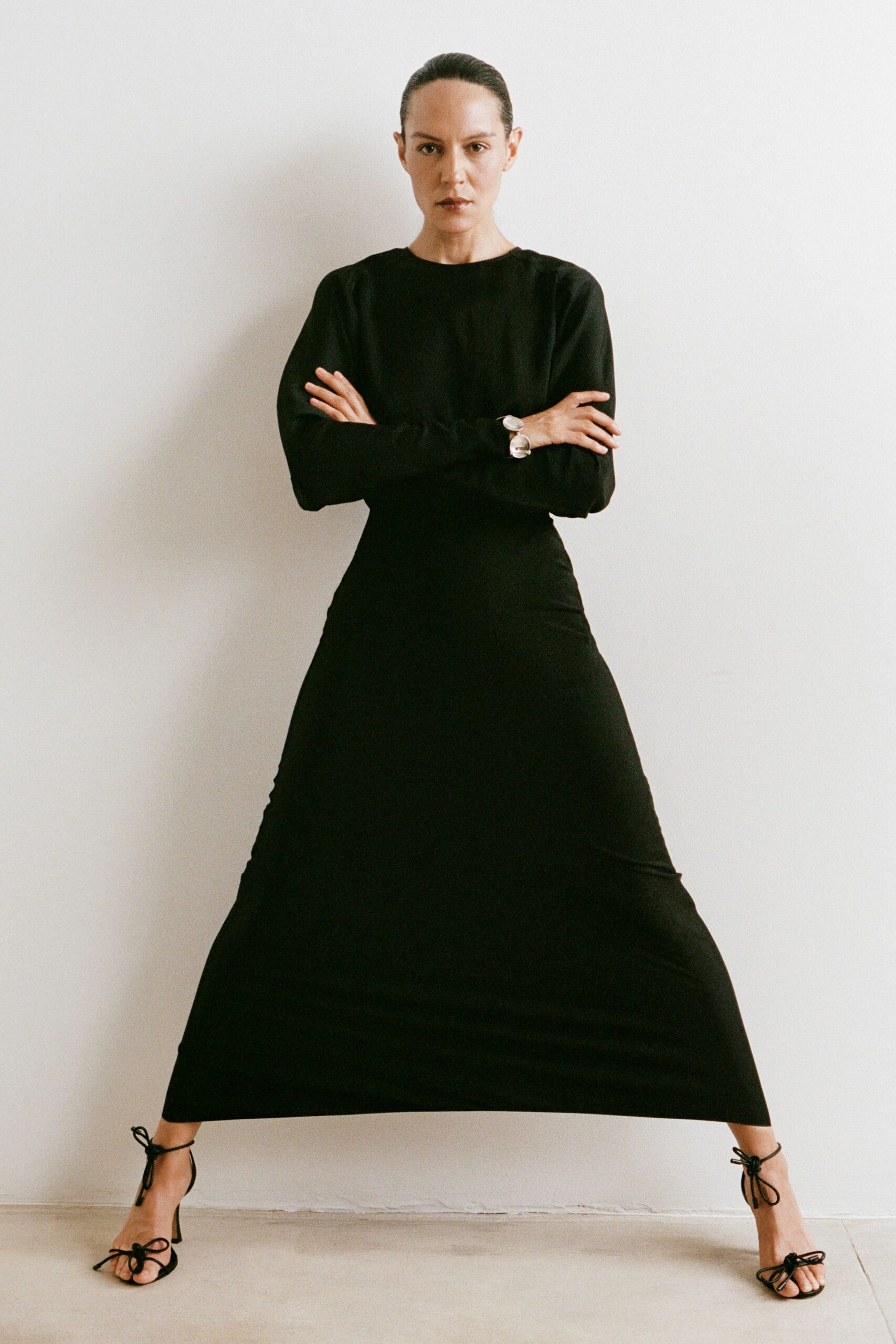 black cotton long-sleeve high-neck fitted straight-leg maxi dress