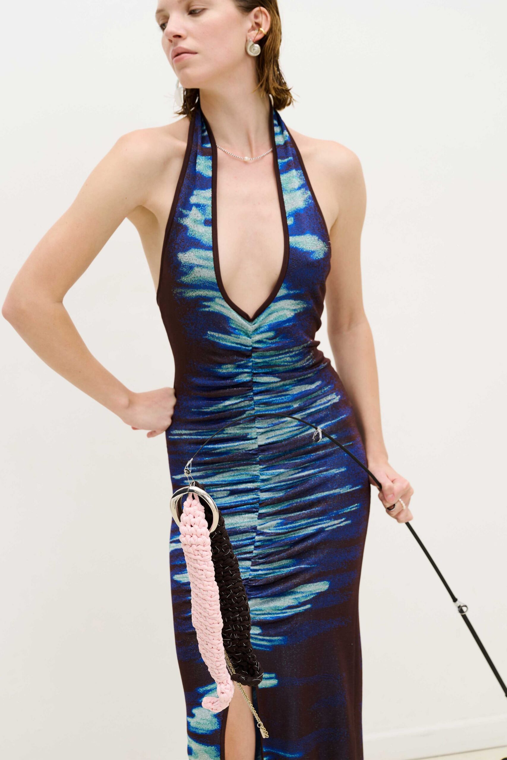 blue black silk fitted gown