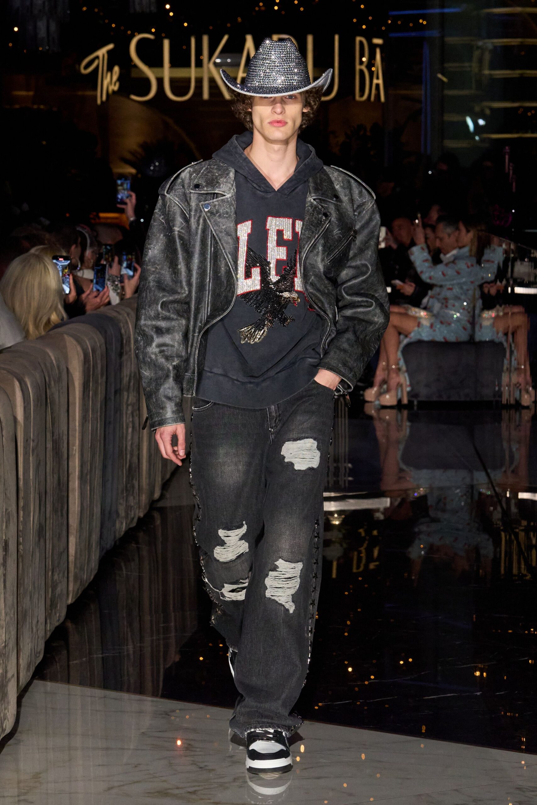 black denim long-sleeve relaxed distressed jacket