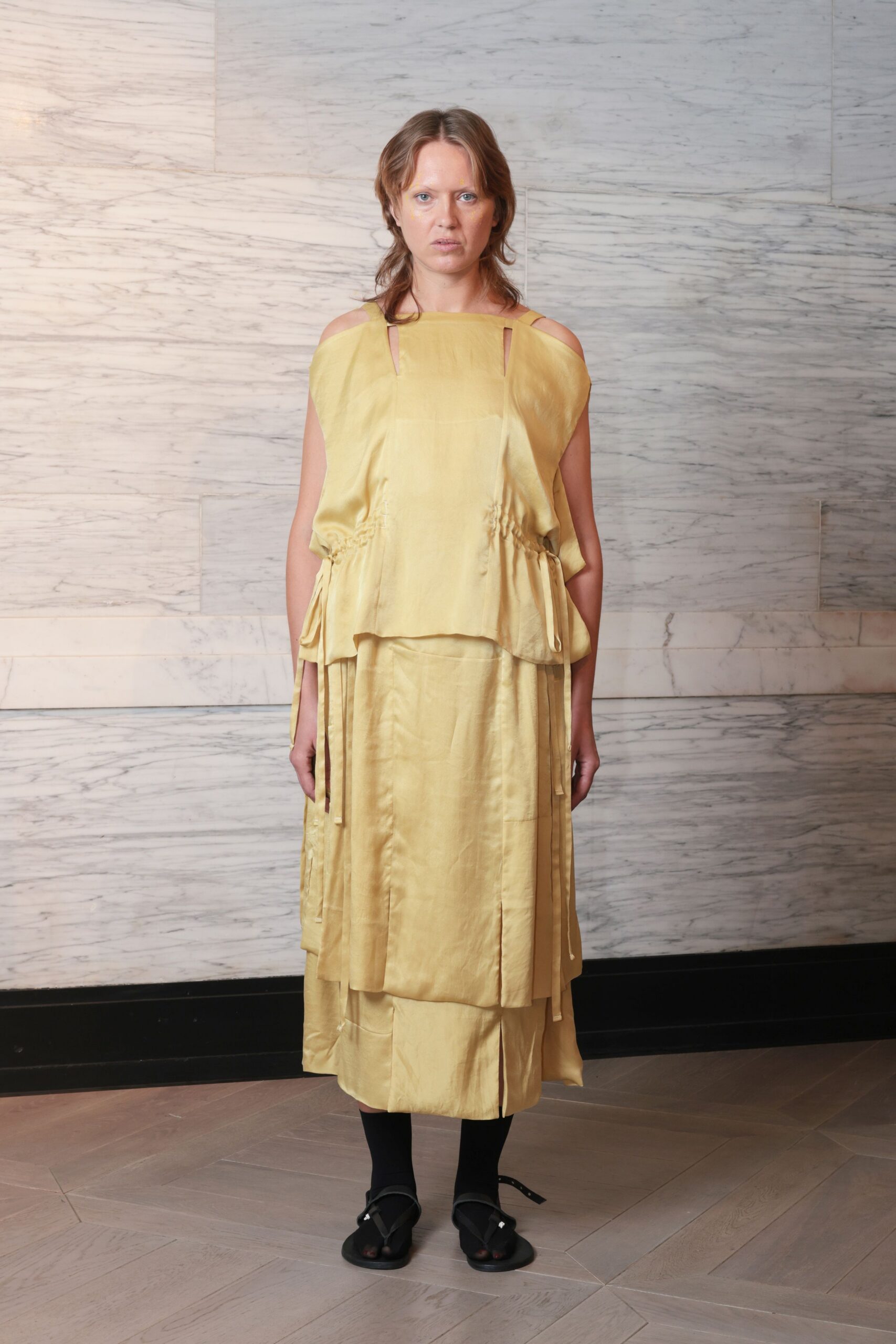 yellow silk sleeveless relaxed layered flowing midi dress