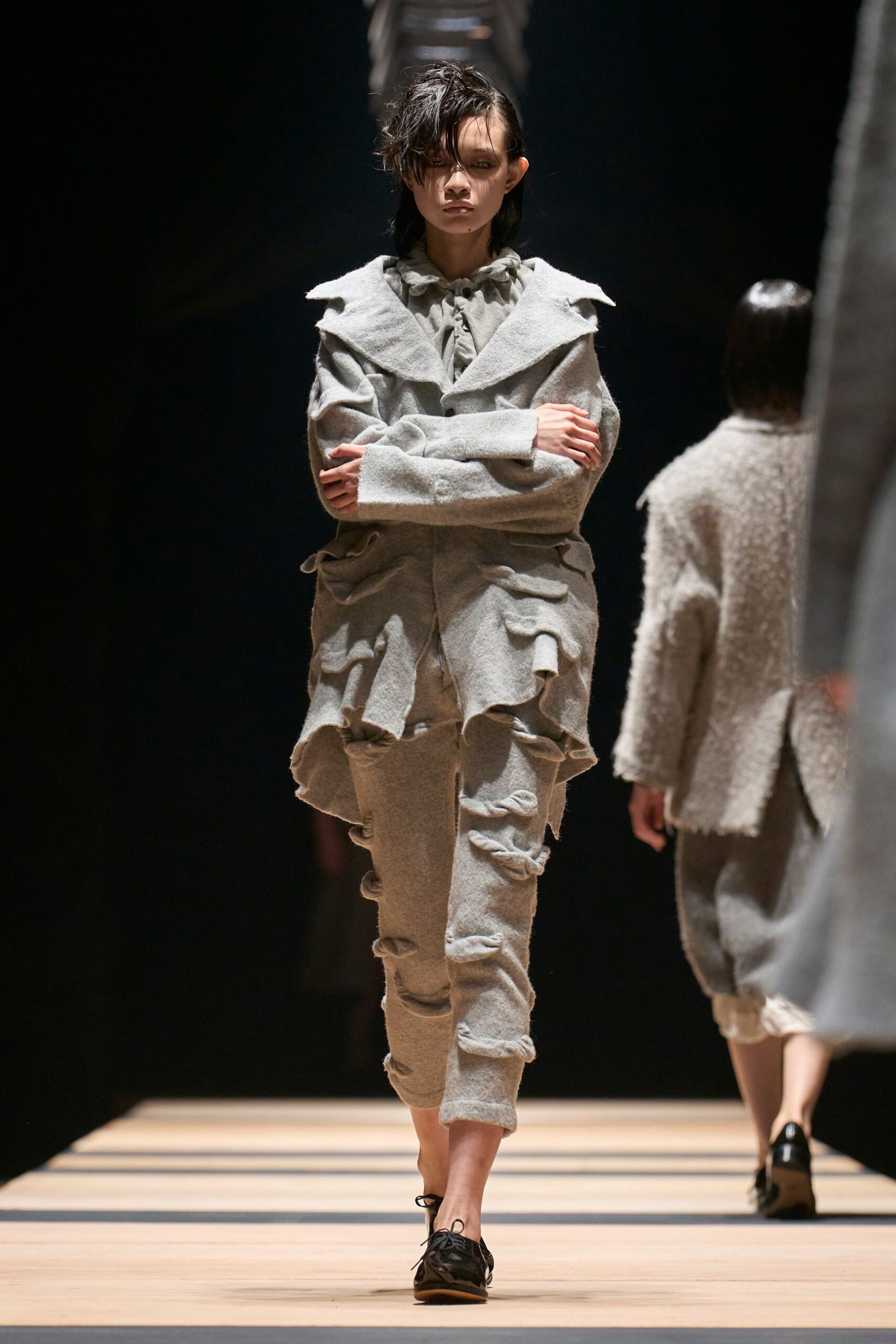 gray wool long-sleeve collared relaxed layered jacket
