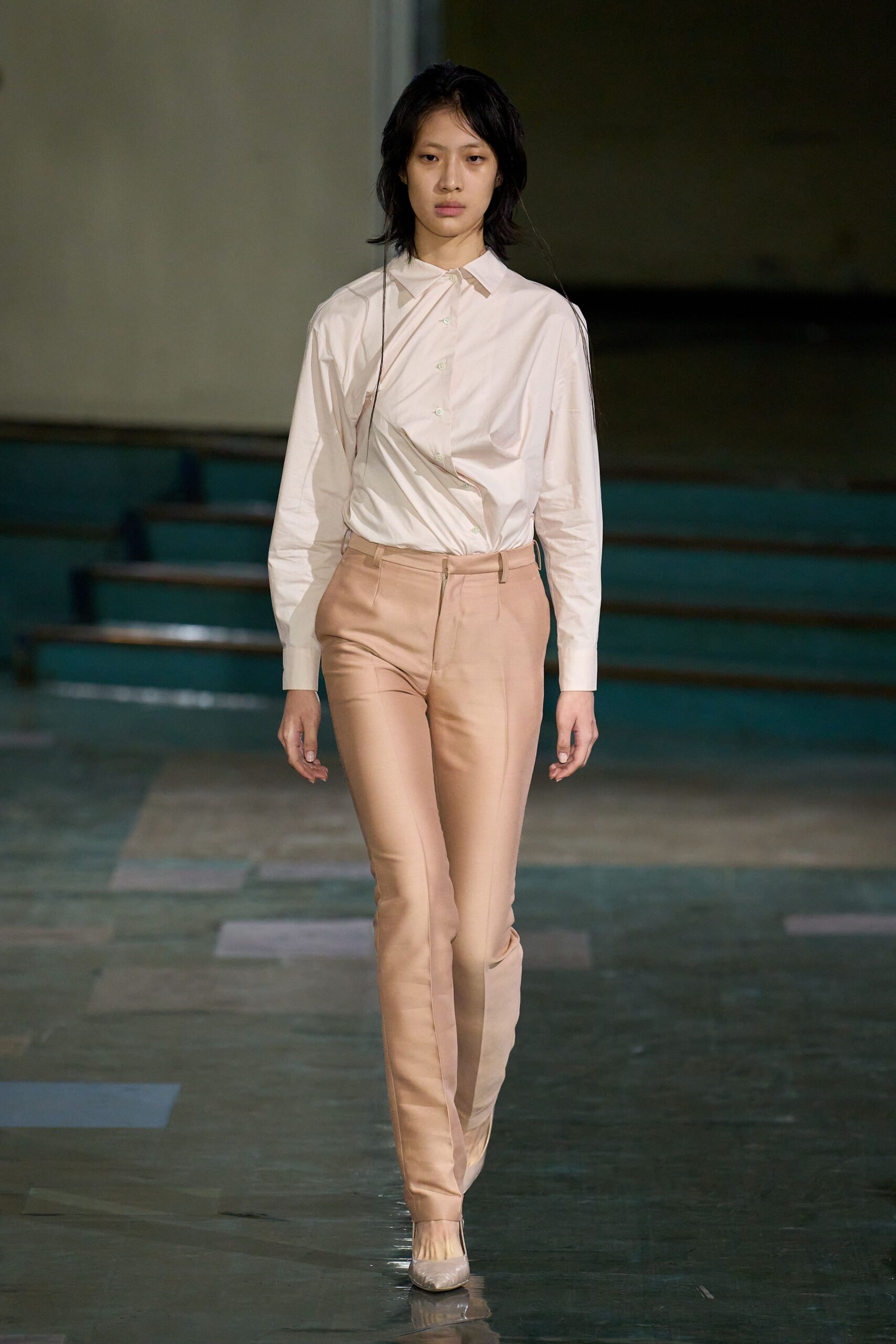 white fitted shirt beige pants