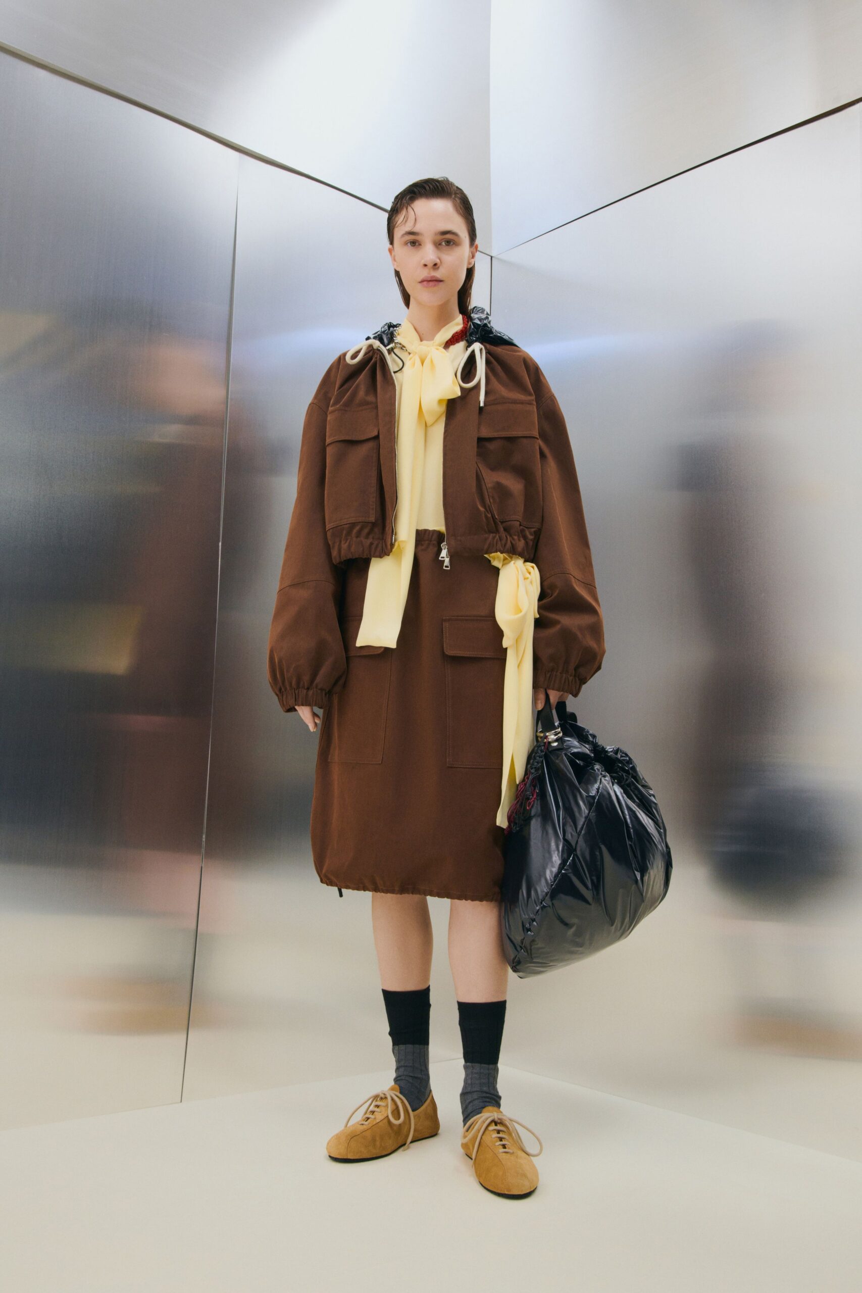 brown cotton long-sleeve collared relaxed pockets zippered dress