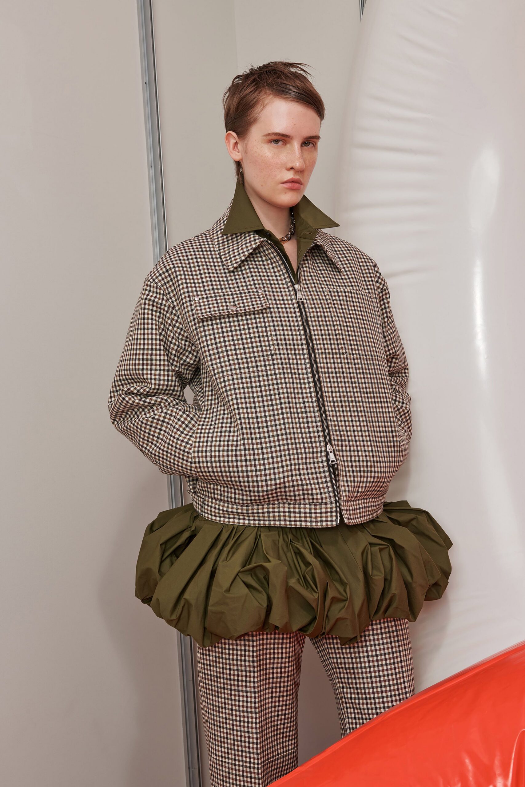checked jacket with tiered skirt
