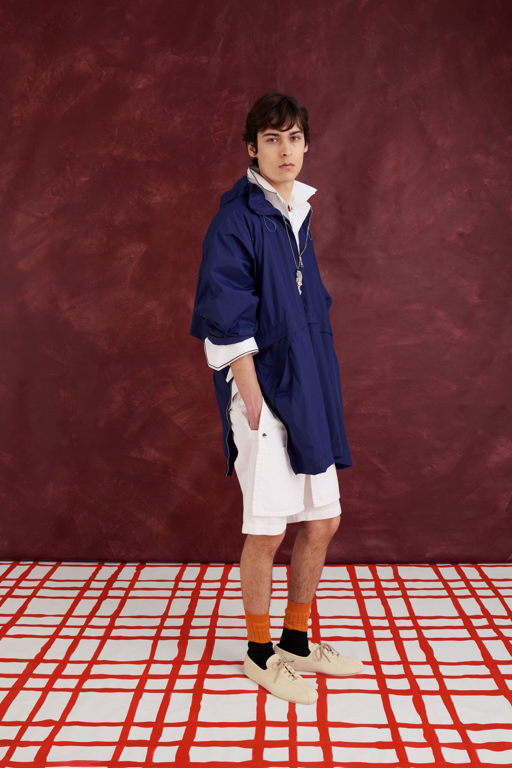 blue oversized jacket with white t-shirt and shorts