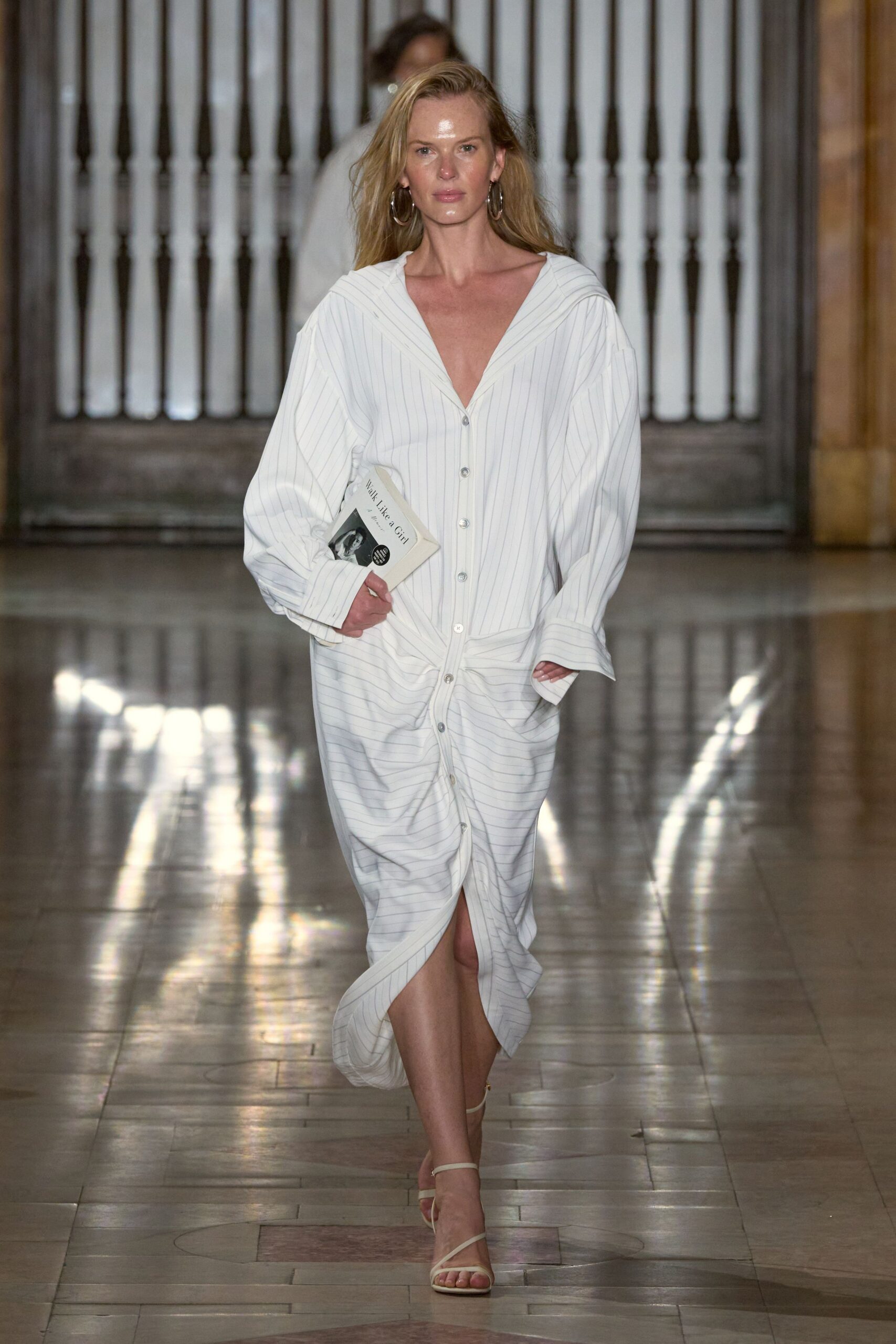 white cotton long-sleeve collared relaxed striped buttoned shirt-dress
