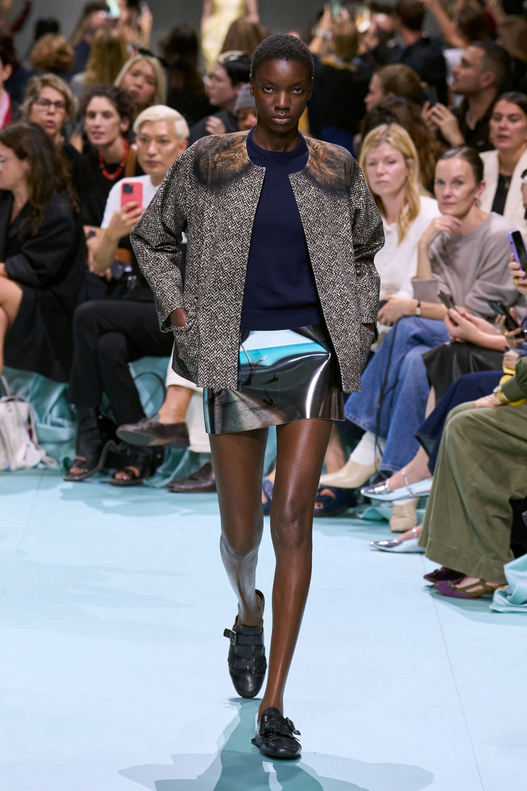 gray metallic fitted pencil shiny mini skirt