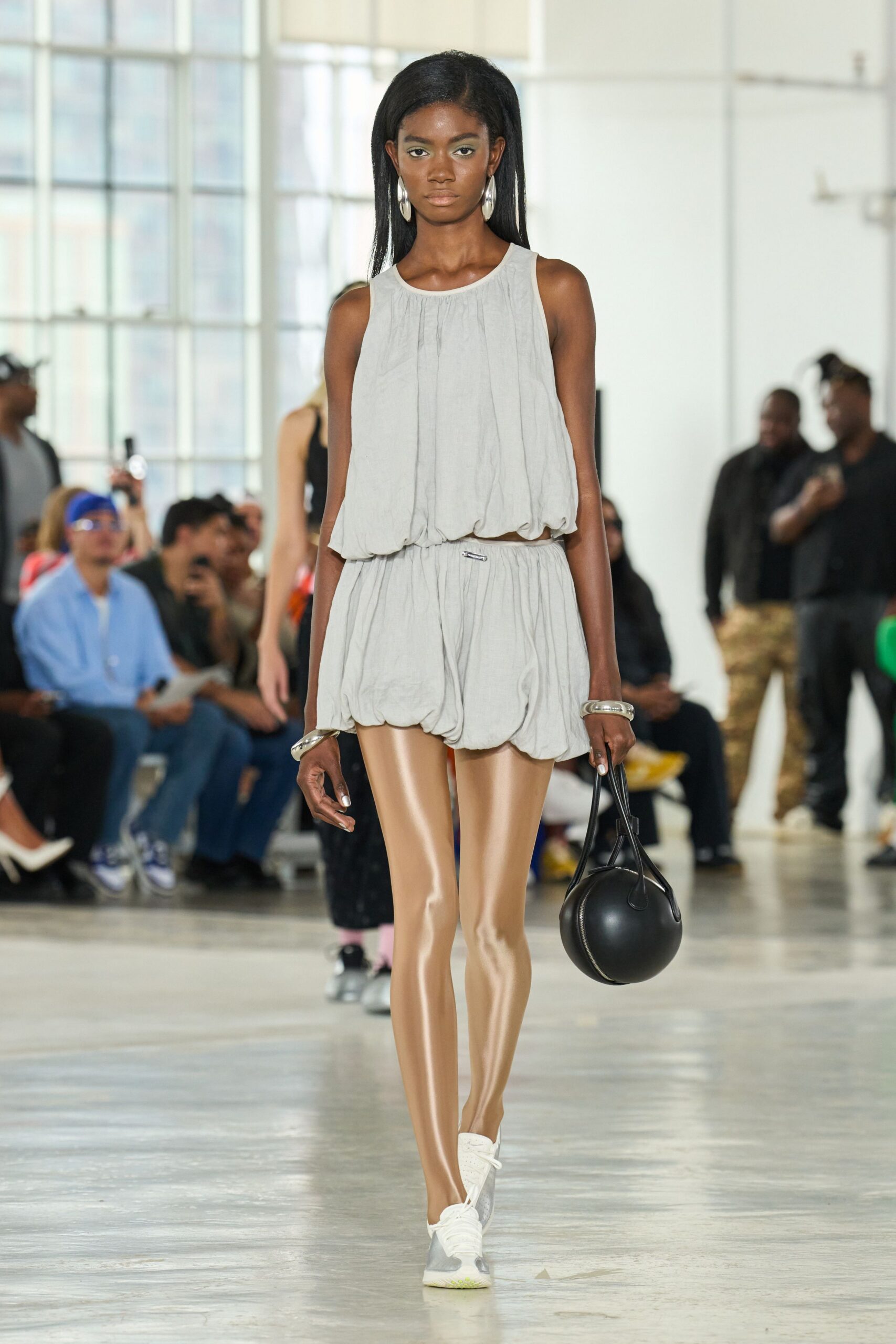 gray cotton sleeveless v-neck relaxed ruffled romper