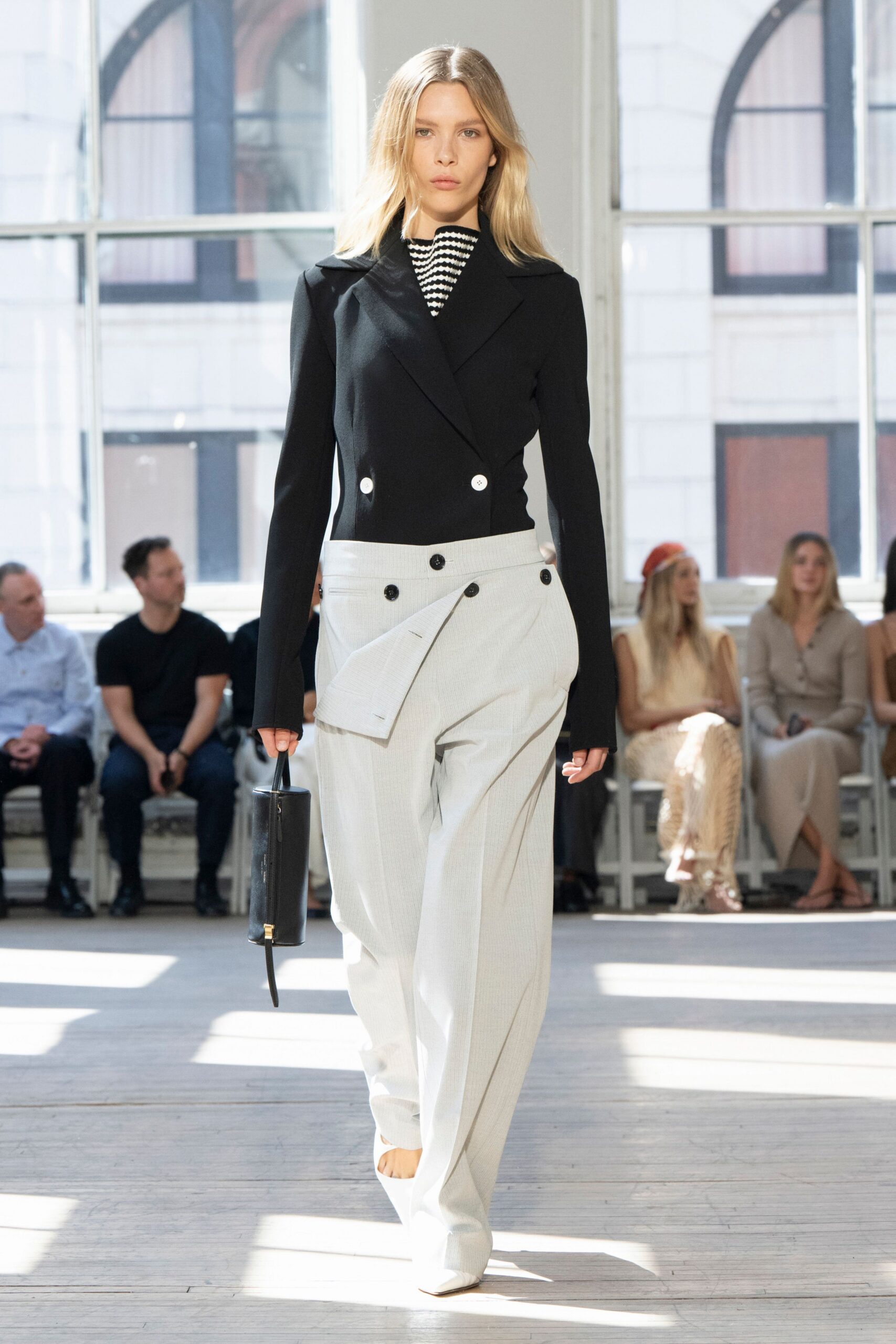 black blazer white shirt gray pants