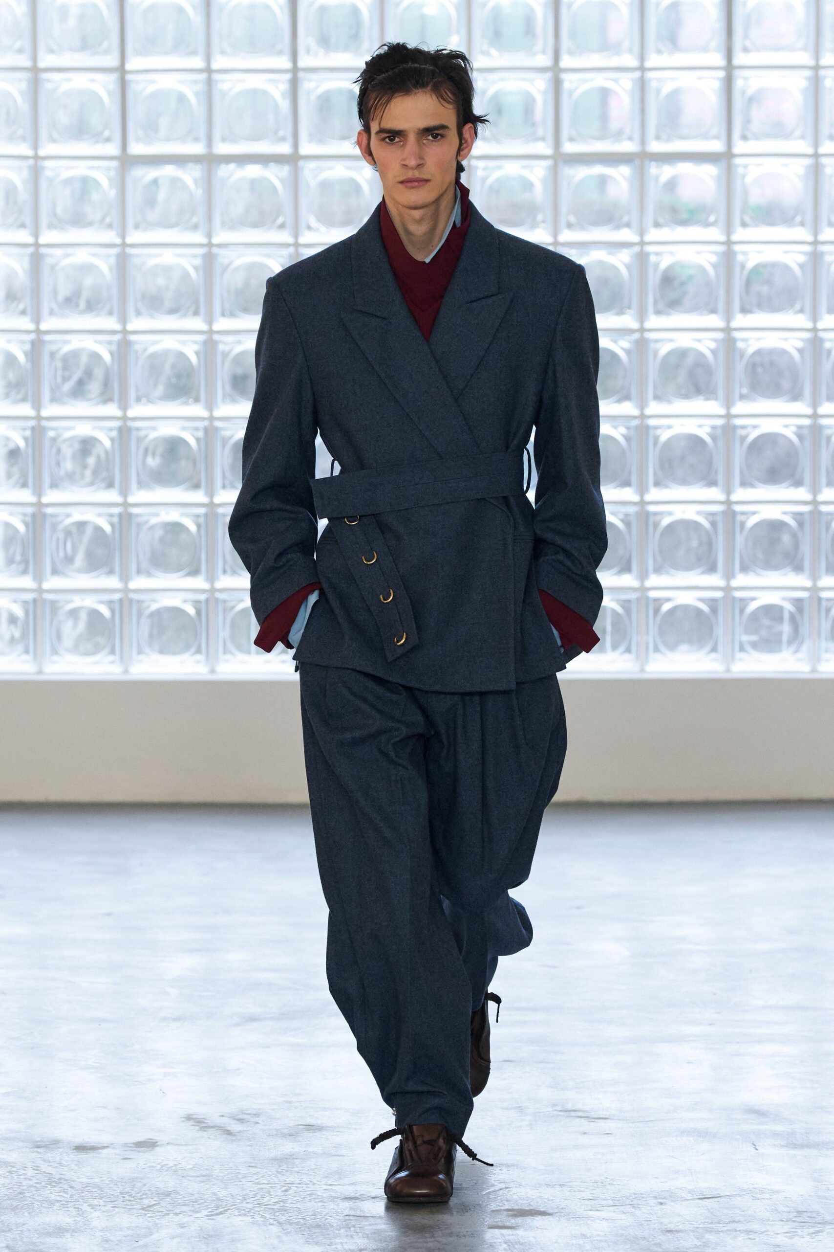 blue wool relaxed pleated pants