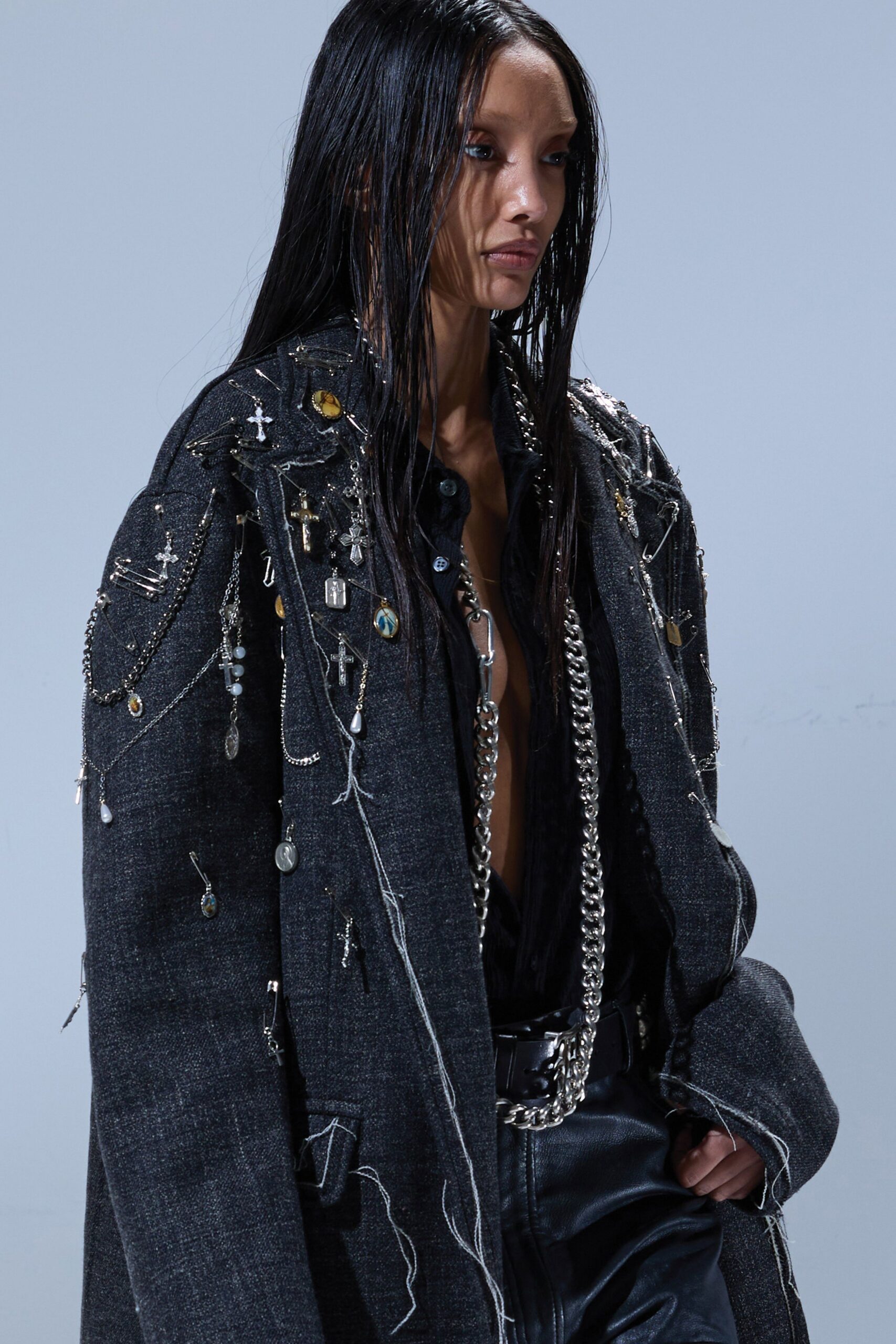 black denim long-sleeve collared oversized embellished coat