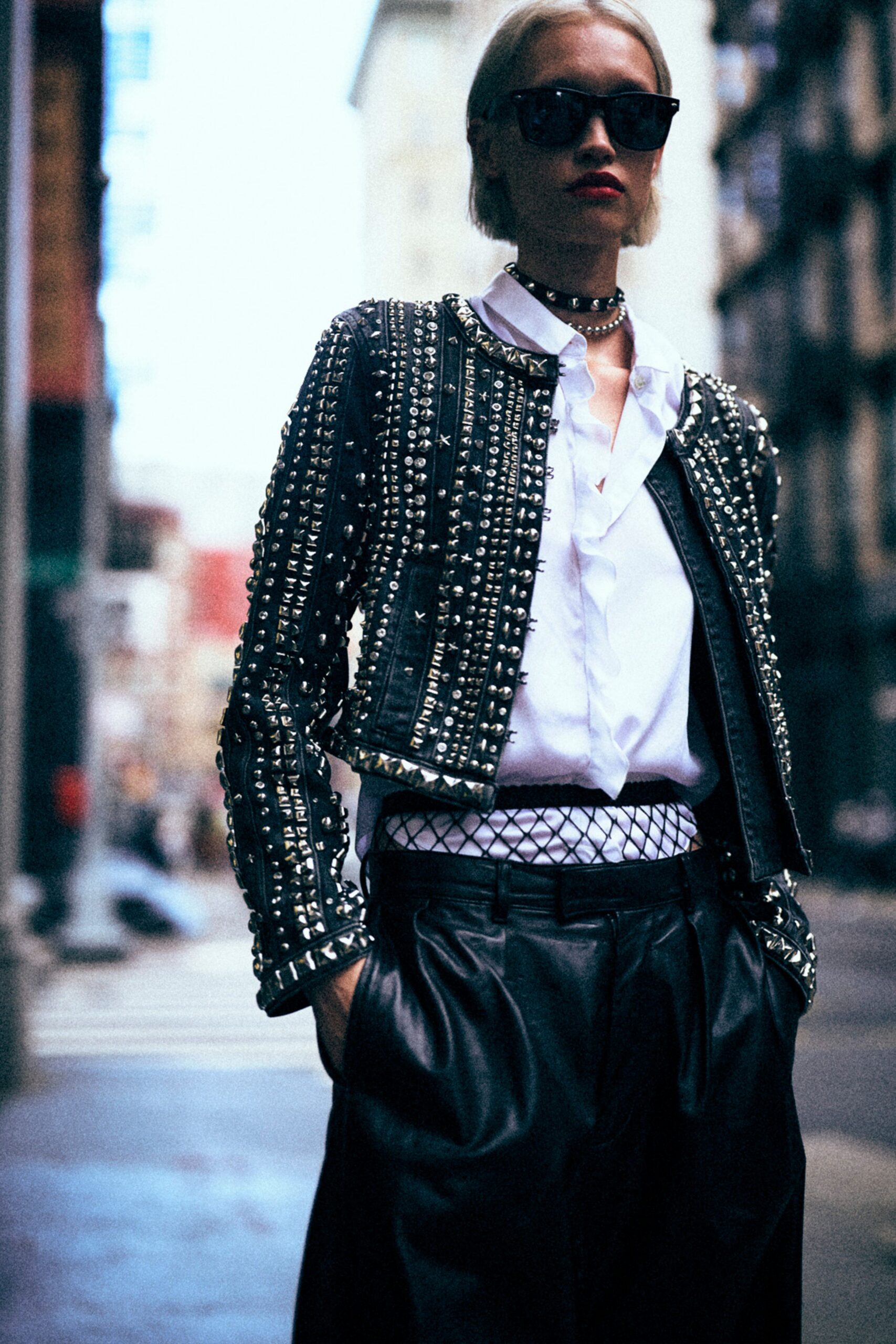black leather embellished jacket