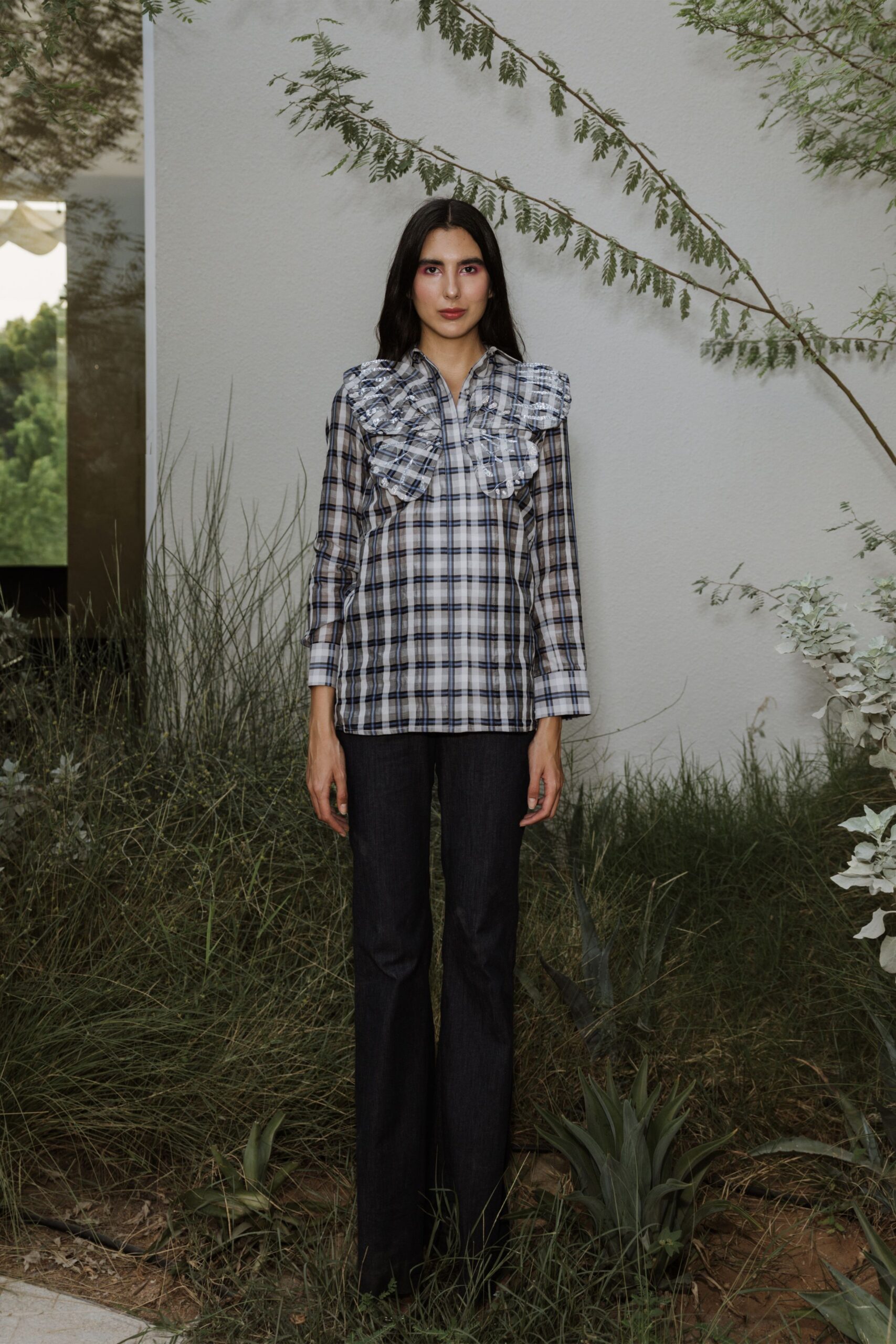 blue cotton long-sleeve collared fitted checked ruffled shirt