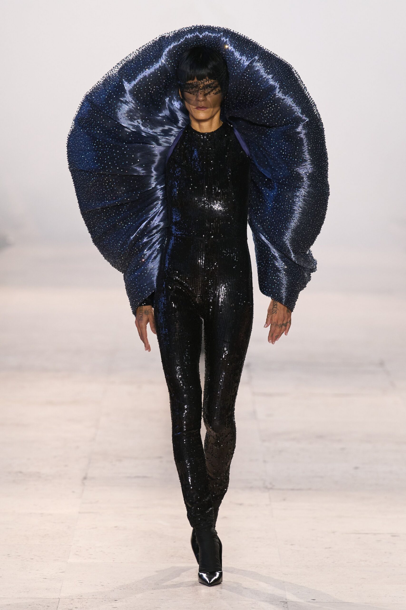 blue silk structured pleated cape