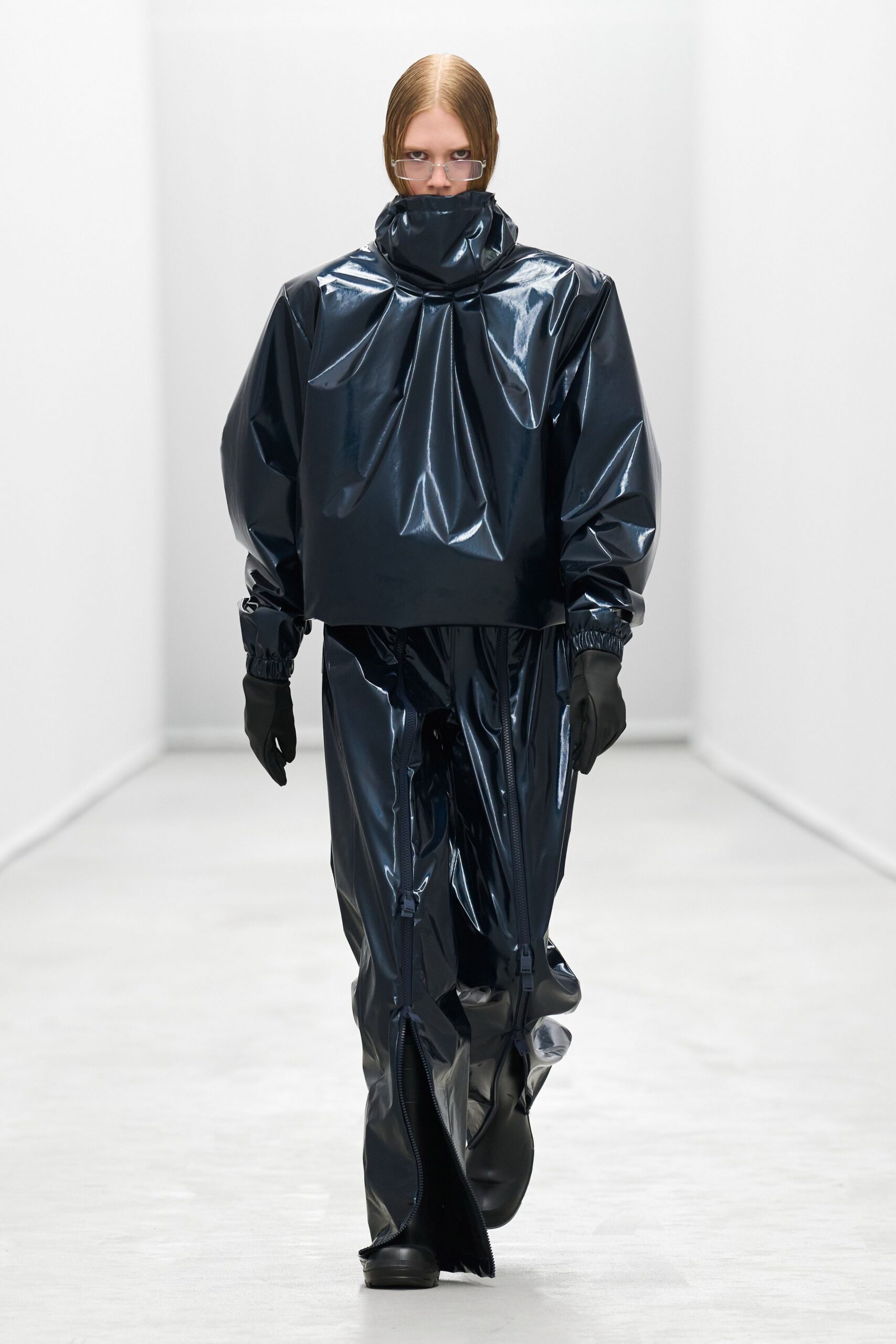 black vinyl long-sleeve hooded relaxed zippered shiny jacket